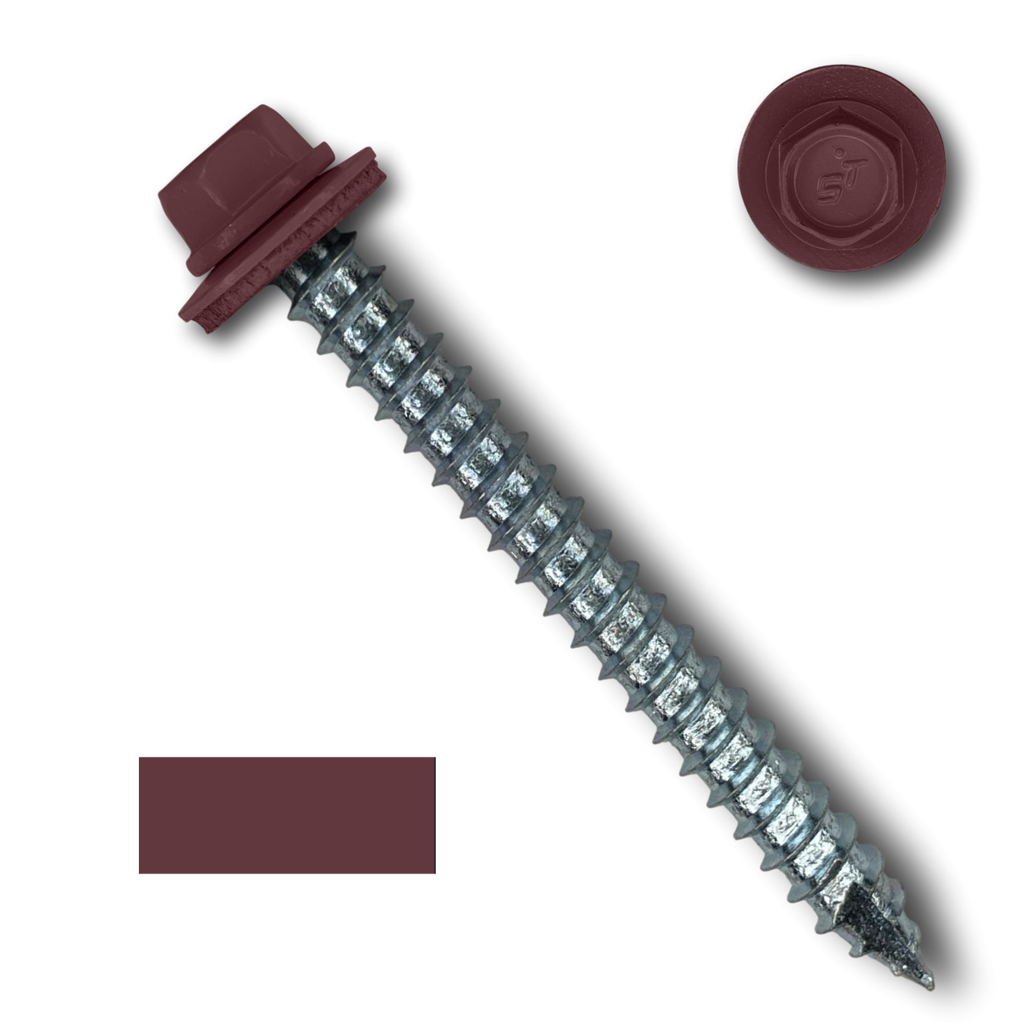 A number 14 Diameter Metal Roofing Screw that is 2.5 inches long with a 5/16 inch Hex Head and an EPDM Rubber Washer. The screw features a Type 17 sharp tip for drilling into wood decking. There is a color swatch of the screw head in the bottom left corner and a close-up of the screw head in the top right corner. The screw head is Burgundy in color.