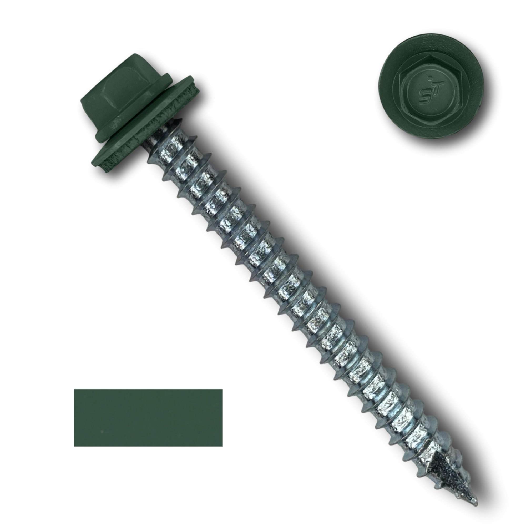 A number 14 Diameter Metal Roofing Screw that is 2.5 inches long with a 5/16 inch Hex Head and an EPDM Rubber Washer. The screw features a Type 17 sharp tip for drilling into wood decking. There is a color swatch of the screw head in the bottom left corner and a close-up of the screw head in the top right corner. The screw head is Forest Green in color.