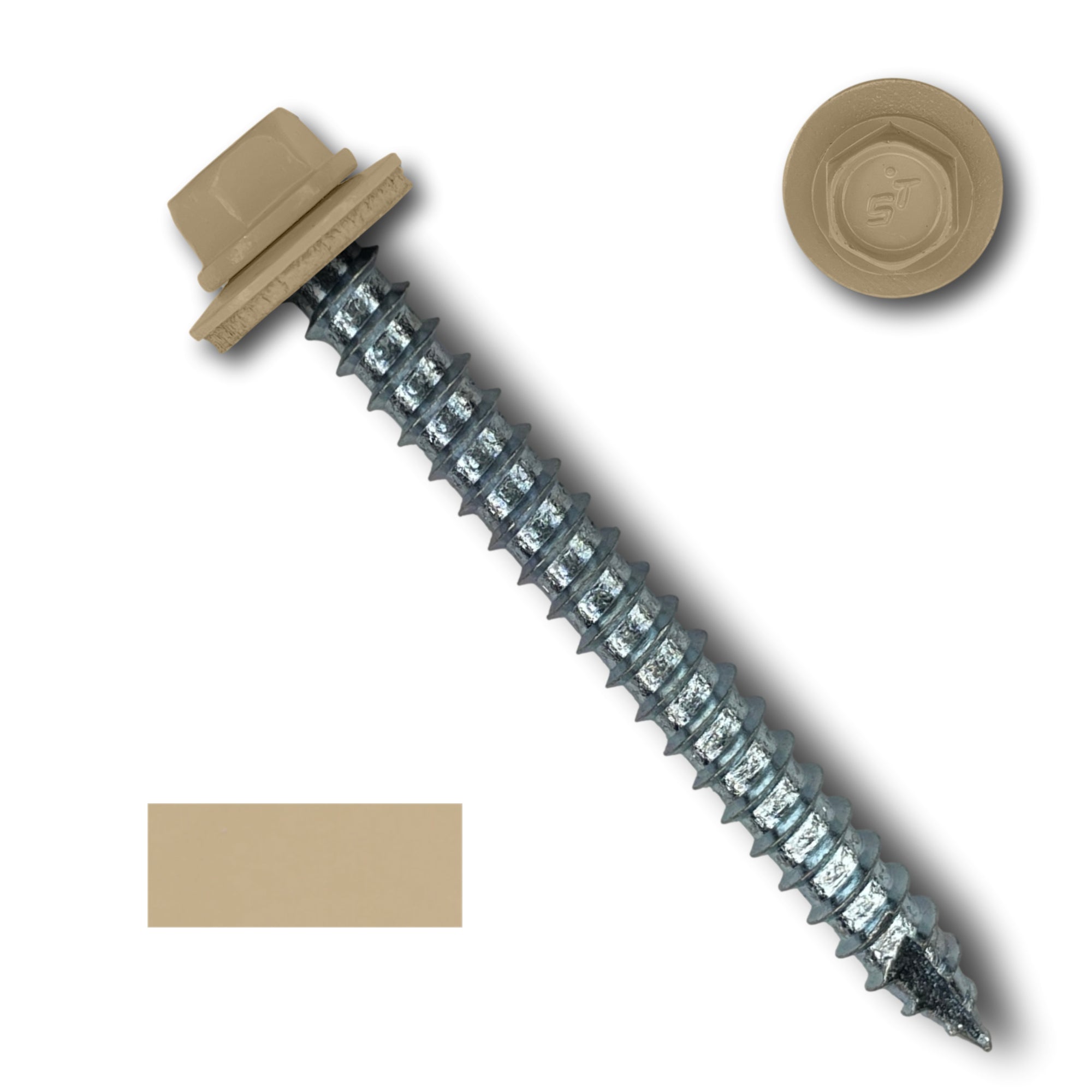A number 14 Diameter Metal Roofing Screw that is 2.5 inches long with a 5/16 inch Hex Head and an EPDM Rubber Washer. The screw features a Type 17 sharp tip for drilling into wood decking. There is a color swatch of the screw head in the bottom left corner and a close-up of the screw head in the top right corner. The screw head is Sahara Tan in color.