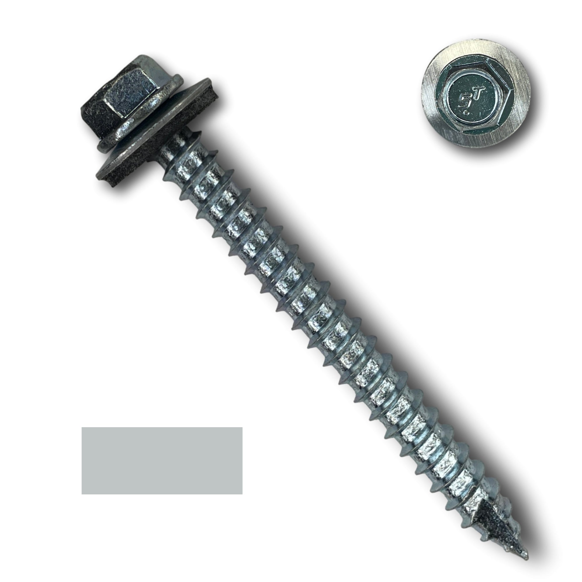 A number 14 Diameter Metal Roofing Screw that is 2.5 inches long with a 5/16 inch Hex Head and an EPDM Rubber Washer. The screw features a Type 17 sharp tip for drilling into wood decking. There is a color swatch of the screw head in the bottom left corner and a close-up of the screw head in the top right corner. The screw head is Zinc/Unpainted in color.