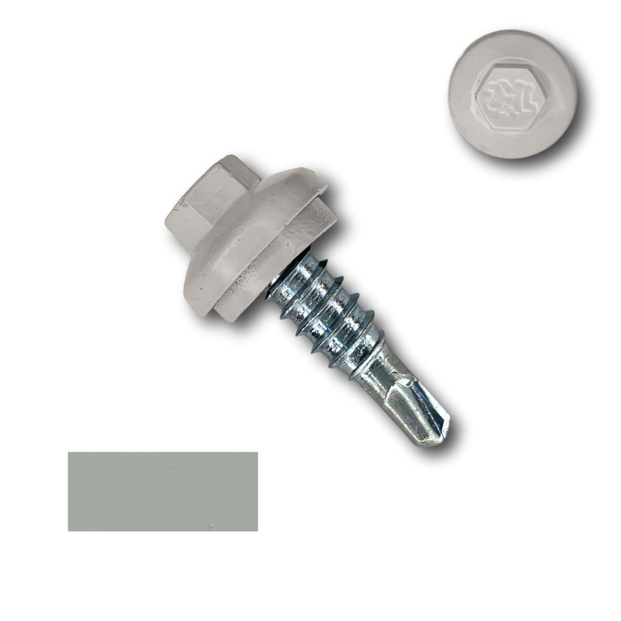 A number 14 Diameter Metal Roofing Screw that is 7/8 inches long with a 5/16 inch Hex Head and an EPDM Rubber Washer. The screw features a Dome Cap that covers the washer and a self-drilling tip for overlapping roof panels. There is a color swatch of the screw head in the bottom left corner and a close-up of the screw head in the top right corner. The screw head is Ash Gray in color.
