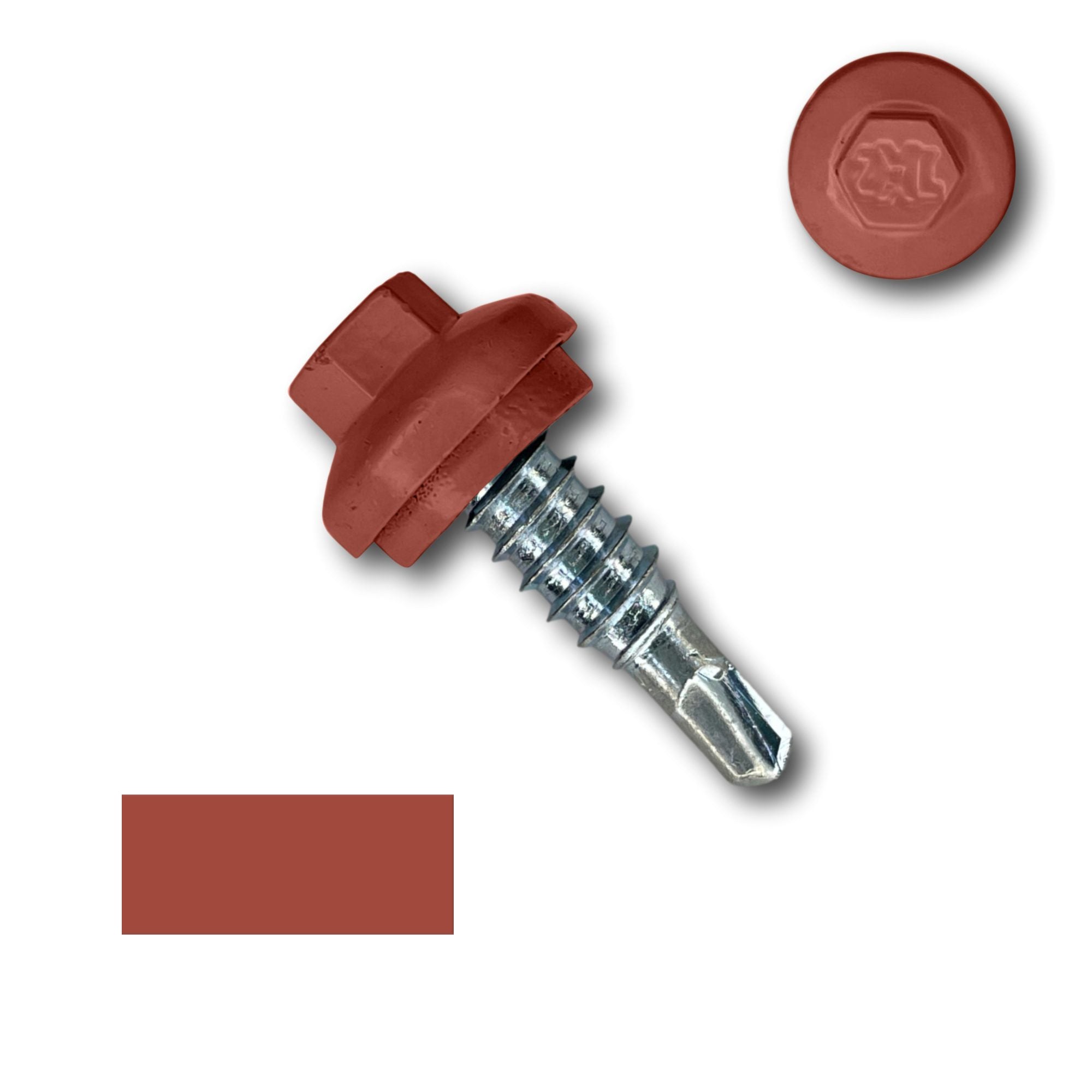 A number 14 Diameter Metal Roofing Screw that is 7/8 inches long with a 5/16 inch Hex Head and an EPDM Rubber Washer. The screw features a Dome Cap that covers the washer and a self-drilling tip for overlapping roof panels. There is a color swatch of the screw head in the bottom left corner and a close-up of the screw head in the top right corner. The screw head is Barn Red in color.