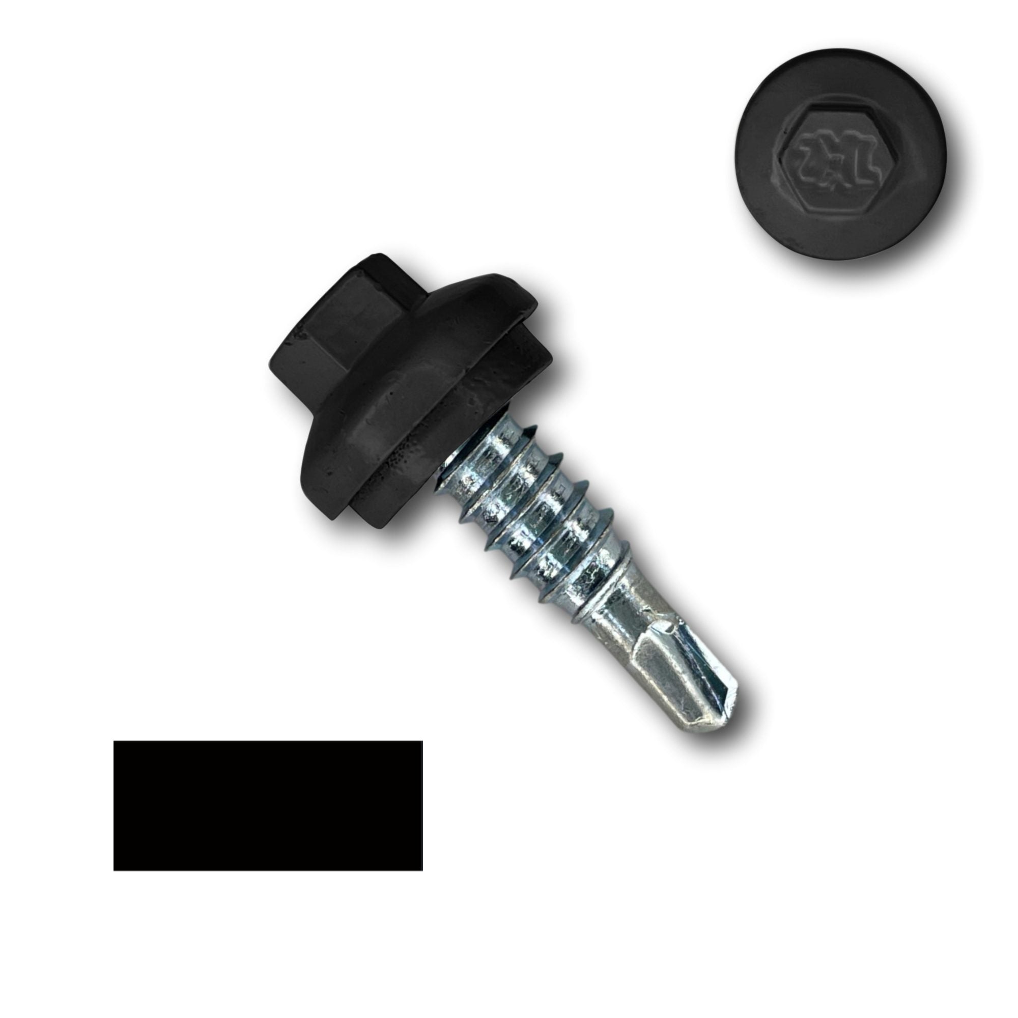 A number 14 Diameter Metal Roofing Screw that is 7/8 inches long with a 5/16 inch Hex Head and an EPDM Rubber Washer. The screw features a Dome Cap that covers the washer and a self-drilling tip for overlapping roof panels. There is a color swatch of the screw head in the bottom left corner and a close-up of the screw head in the top right corner. The screw head is Black in color.