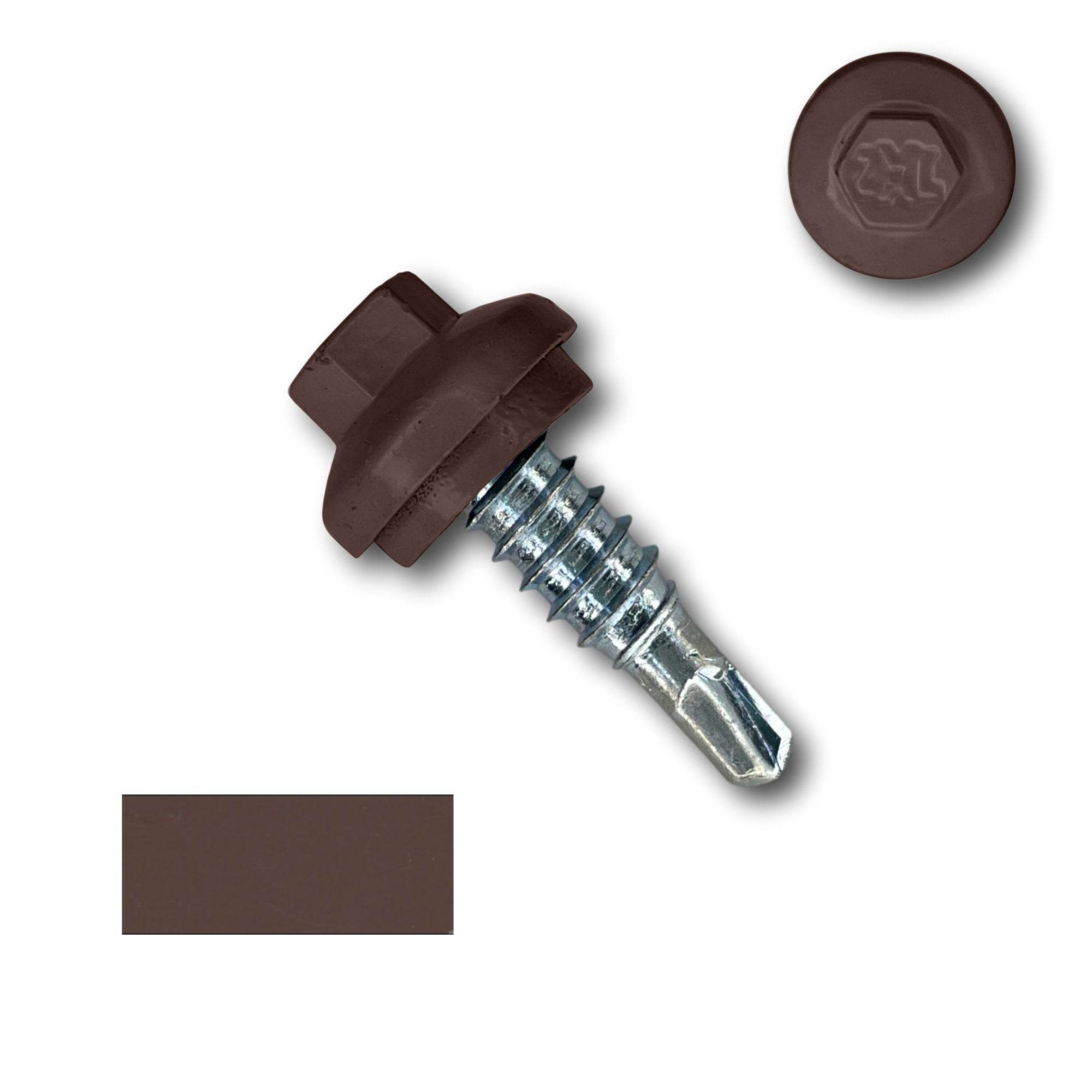 A number 14 Diameter Metal Roofing Screw that is 7/8 inches long with a 5/16 inch Hex Head and an EPDM Rubber Washer. The screw features a Dome Cap that covers the washer and a self-drilling tip for overlapping roof panels. There is a color swatch of the screw head in the bottom left corner and a close-up of the screw head in the top right corner. The screw head is Brown in color.