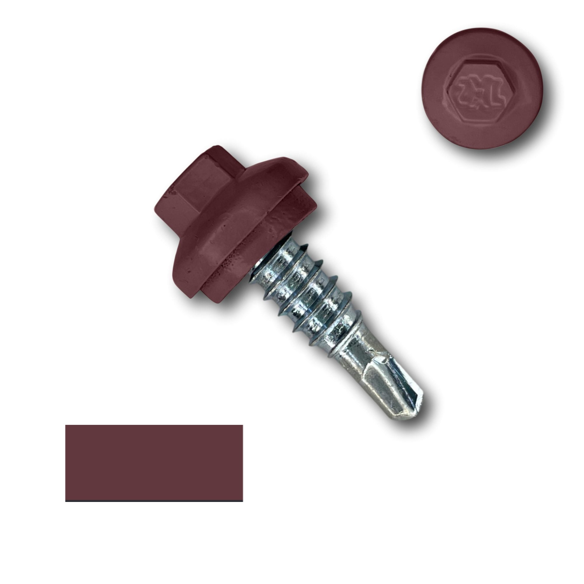 A number 14 Diameter Metal Roofing Screw that is 7/8 inches long with a 5/16 inch Hex Head and an EPDM Rubber Washer. The screw features a Dome Cap that covers the washer and a self-drilling tip for overlapping roof panels. There is a color swatch of the screw head in the bottom left corner and a close-up of the screw head in the top right corner. The screw head is Burgundy in color.