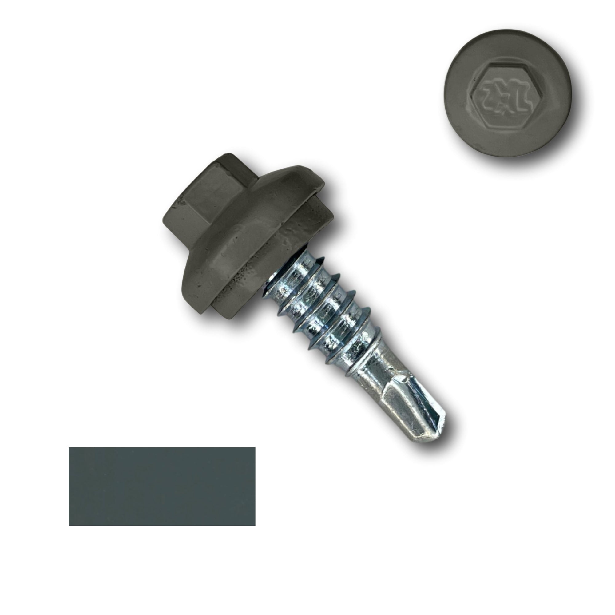 A number 14 Diameter Metal Roofing Screw that is 7/8 inches long with a 5/16 inch Hex Head and an EPDM Rubber Washer. The screw features a Dome Cap that covers the washer and a self-drilling tip for overlapping roof panels. There is a color swatch of the screw head in the bottom left corner and a close-up of the screw head in the top right corner. The screw head is Charcoal Gray in color.