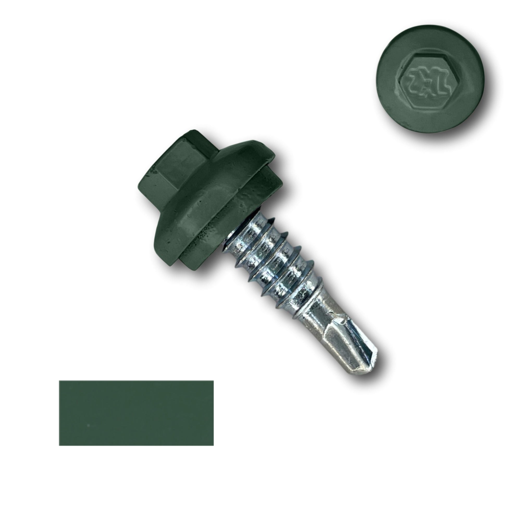 A number 14 Diameter Metal Roofing Screw that is 7/8 inches long with a 5/16 inch Hex Head and an EPDM Rubber Washer. The screw features a Dome Cap that covers the washer and a self-drilling tip for overlapping roof panels. There is a color swatch of the screw head in the bottom left corner and a close-up of the screw head in the top right corner. The screw head is Forest Green in color.