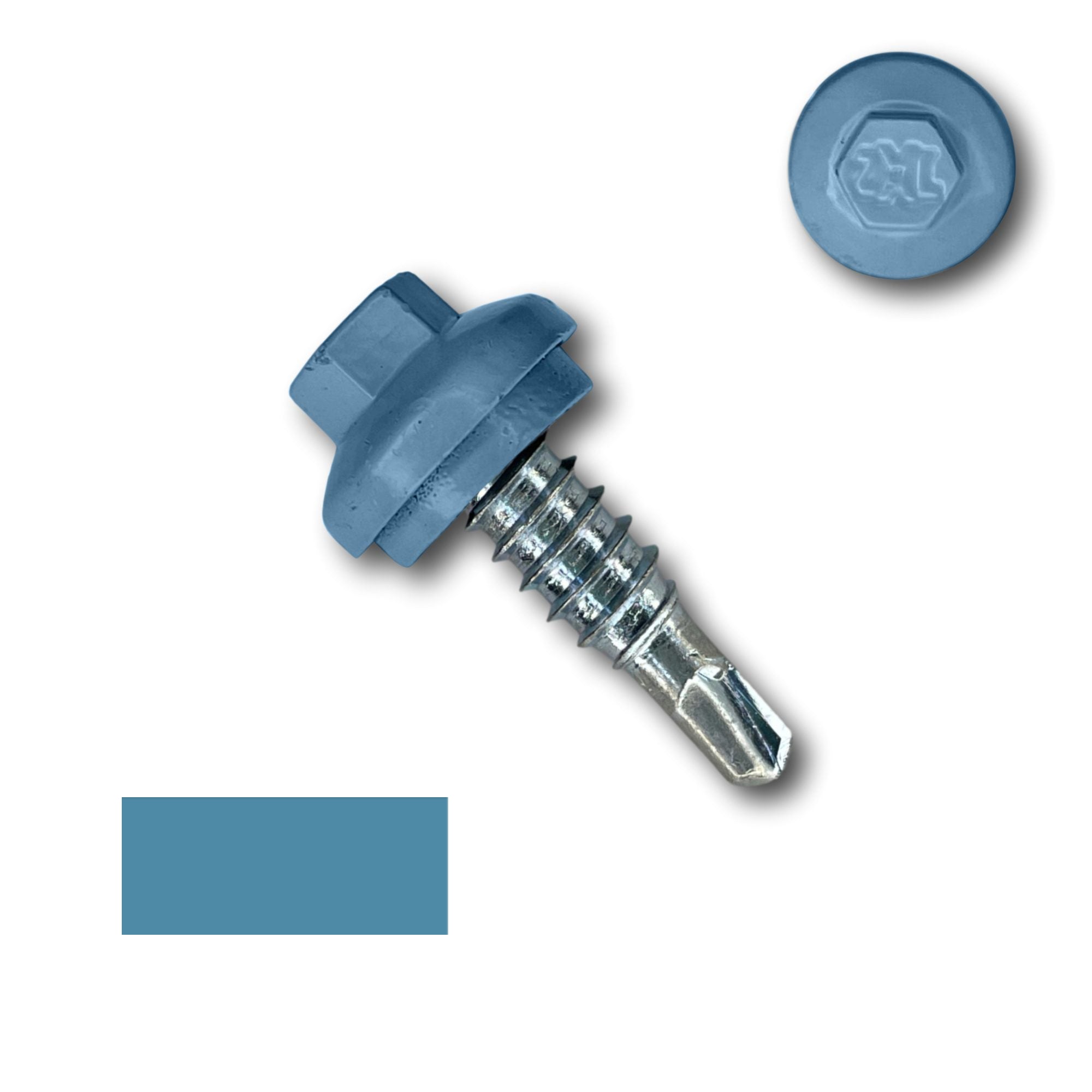 A number 14 Diameter Metal Roofing Screw that is 7/8 inches long with a 5/16 inch Hex Head and an EPDM Rubber Washer. The screw features a Dome Cap that covers the washer and a self-drilling tip for overlapping roof panels. There is a color swatch of the screw head in the bottom left corner and a close-up of the screw head in the top right corner. The screw head is Hawaiian Blue in color.