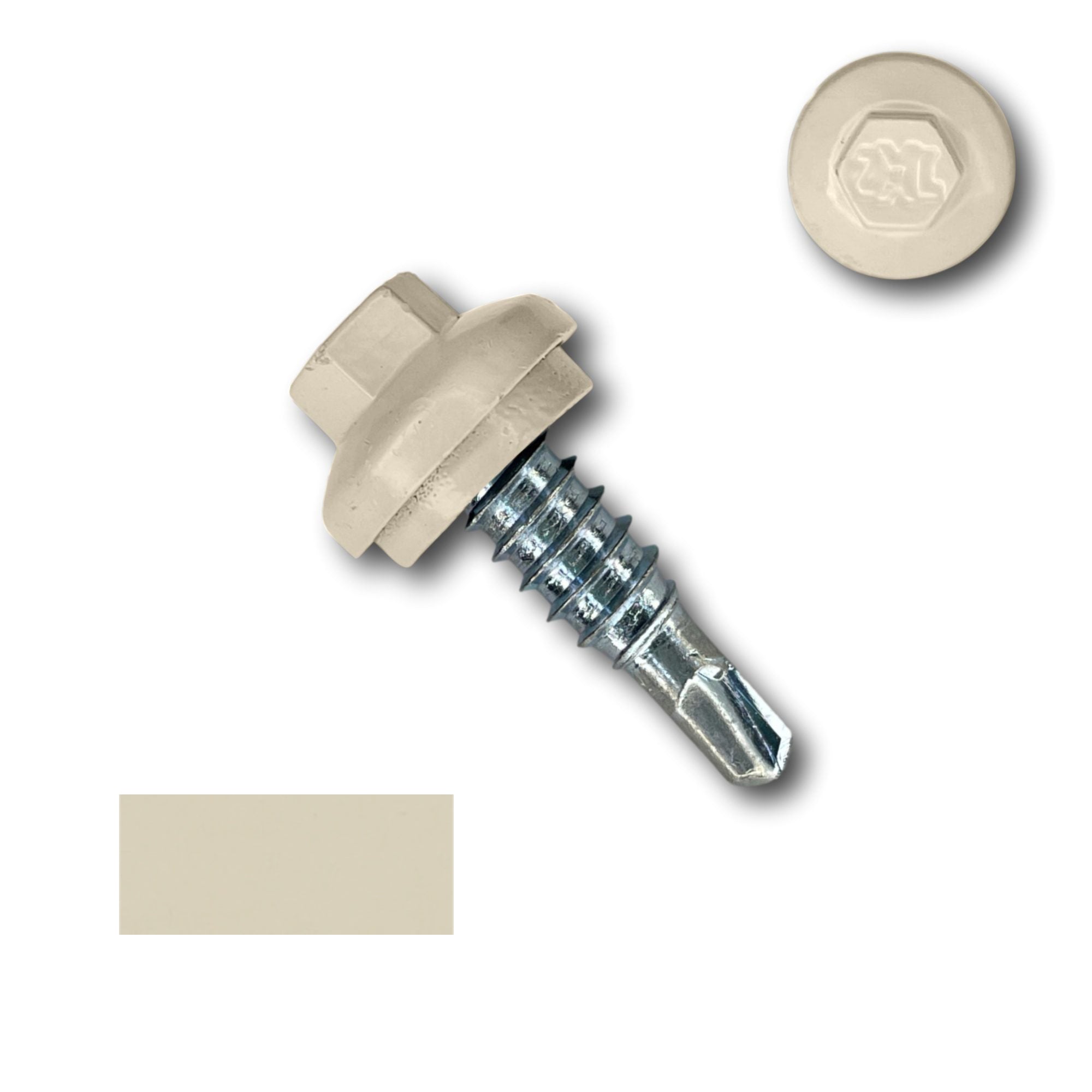 A number 14 Diameter Metal Roofing Screw that is 7/8 inches long with a 5/16 inch Hex Head and an EPDM Rubber Washer. The screw features a Dome Cap that covers the washer and a self-drilling tip for overlapping roof panels. There is a color swatch of the screw head in the bottom left corner and a close-up of the screw head in the top right corner. The screw head is Lightstone in color.