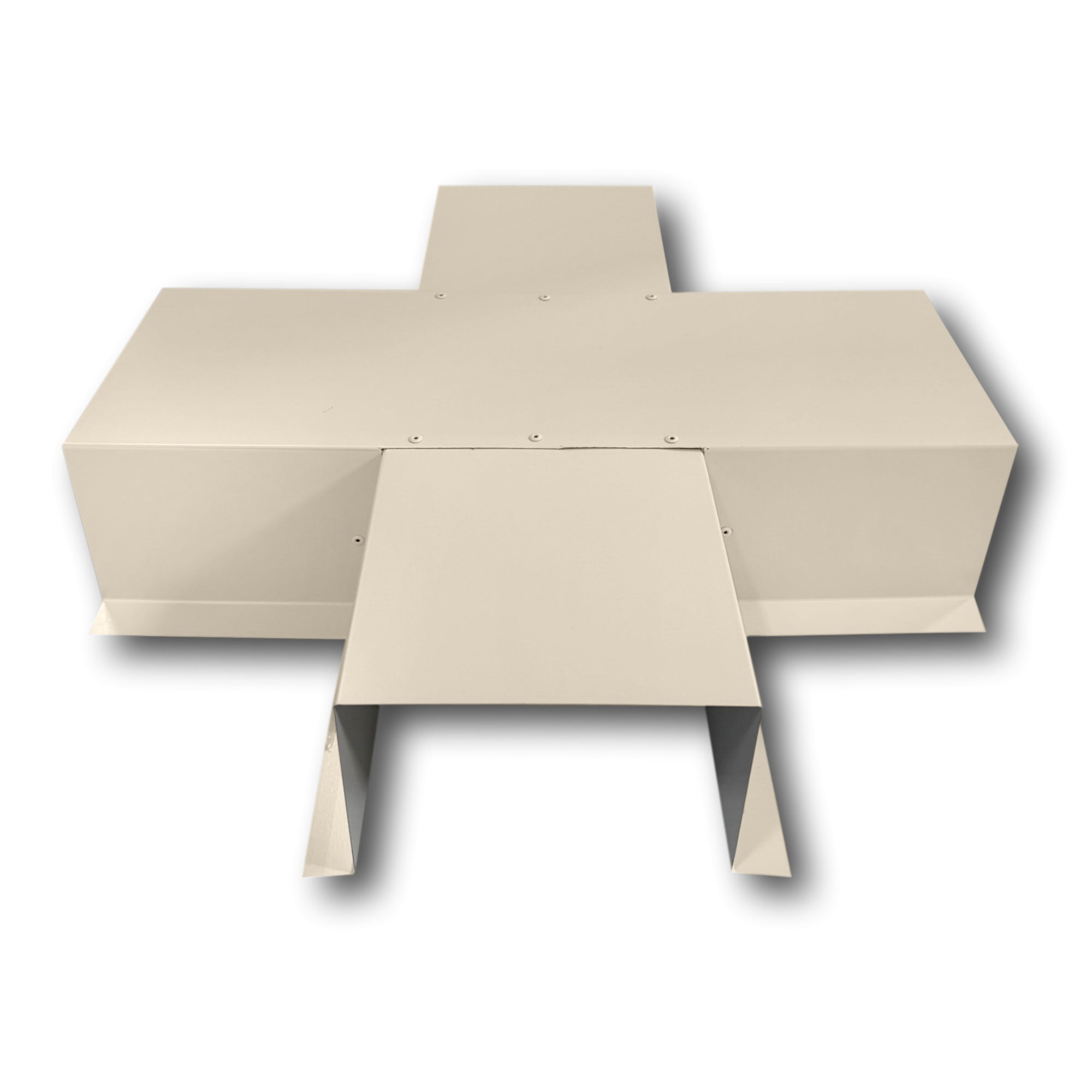 A PermaCover Metal HVAC Line Set Cover 4-Way T-Joint Connector that is made to attach to exterior walls to cover existing HVAC line sets. The elbow cover is made from 24 Gauge Painted Steel and is Almond in color.