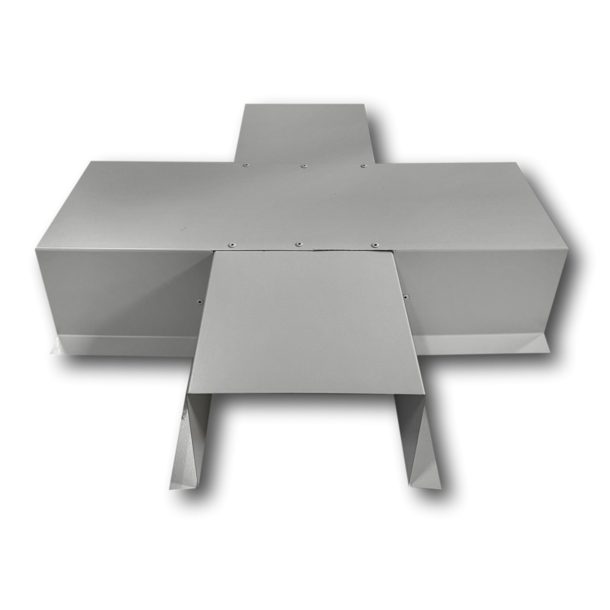 A PermaCover Metal HVAC Line Set Cover 4-Way T-Joint Connector that is made to attach to exterior walls to cover existing HVAC line sets. The elbow cover is made from 24 Gauge Painted Steel and is Ash Gray in color.