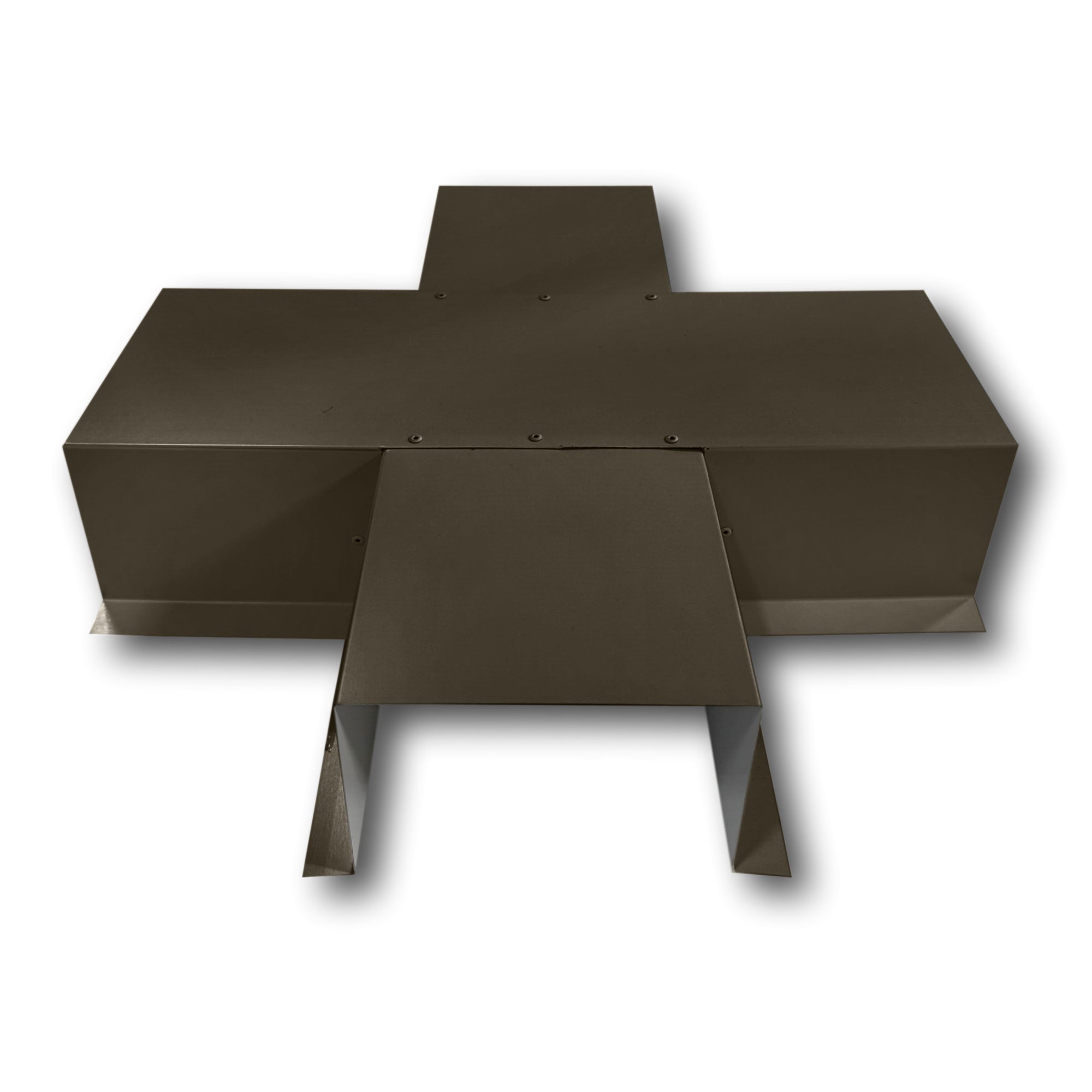 A PermaCover Metal HVAC Line Set Cover 4-Way T-Joint Connector that is made to attach to exterior walls to cover existing HVAC line sets. The elbow cover is made from 24 Gauge Painted Steel and is Burnished Slate in color.