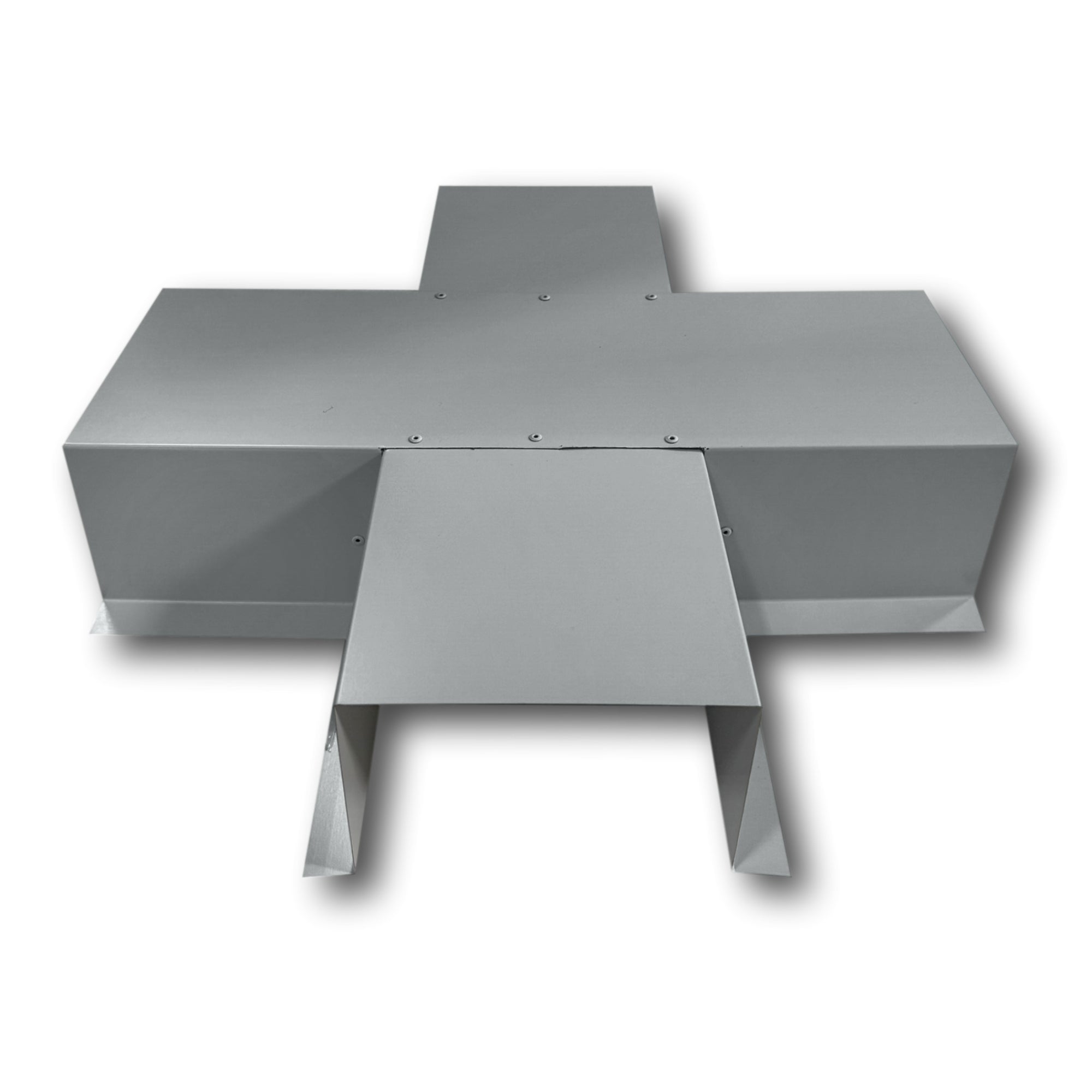 A PermaCover Metal HVAC Line Set Cover 4-Way T-Joint Connector that is made to attach to exterior walls to cover existing HVAC line sets. The elbow cover is made from 24 Gauge Painted Steel and is Cityscape in color.