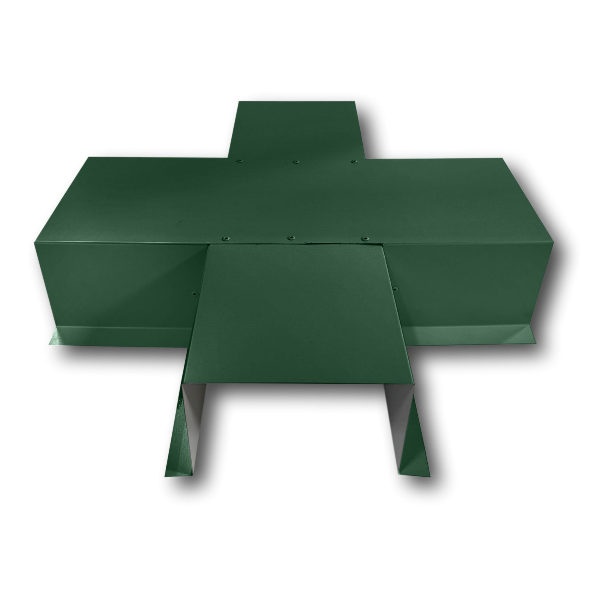 A PermaCover Metal HVAC Line Set Cover 4-Way T-Joint Connector that is made to attach to exterior walls to cover existing HVAC line sets. The elbow cover is made from 24 Gauge Painted Steel and is Classic Green in color.