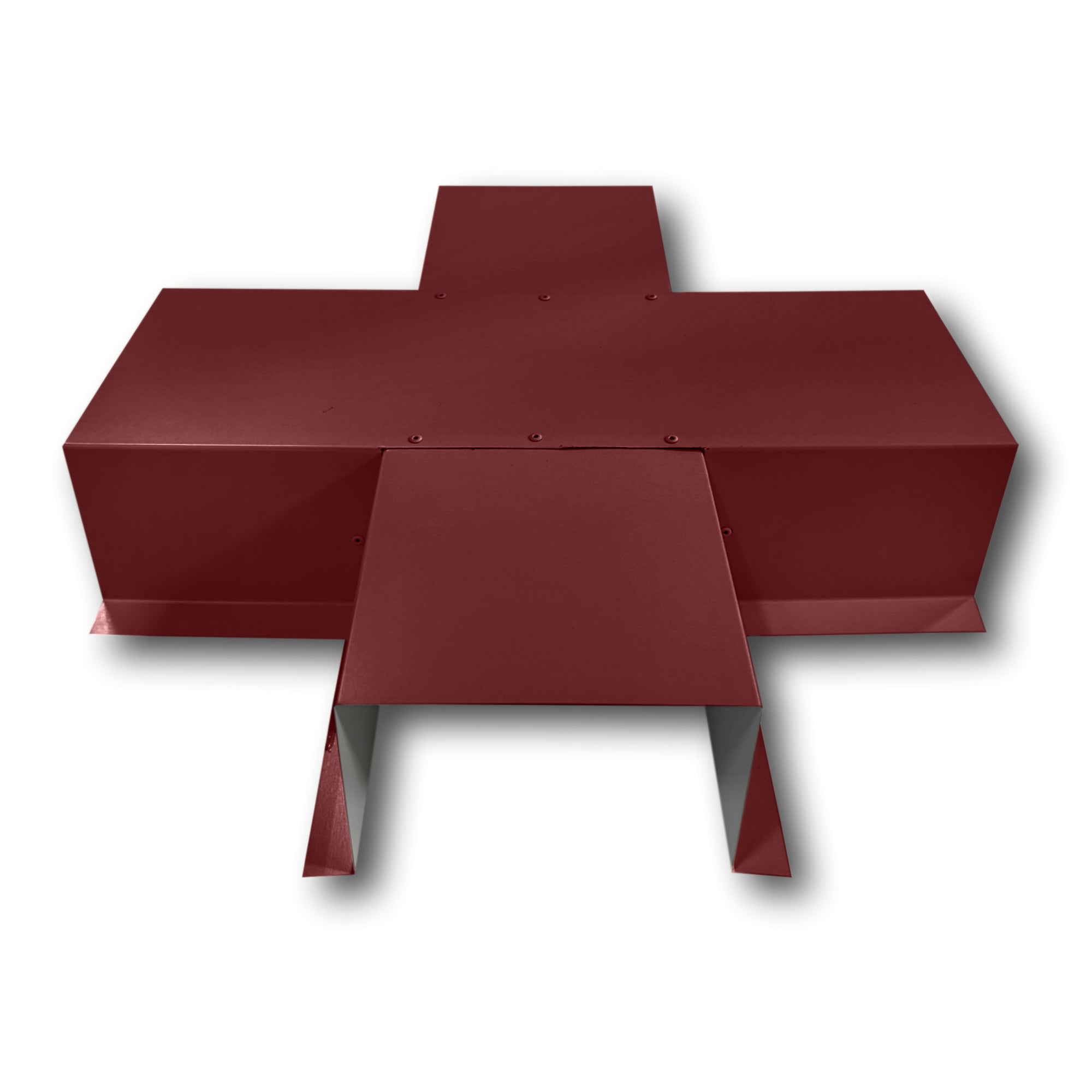 A PermaCover Metal HVAC Line Set Cover 4-Way T-Joint Connector that is made to attach to exterior walls to cover existing HVAC line sets. The elbow cover is made from 24 Gauge Painted Steel and is Colonial Red in color.