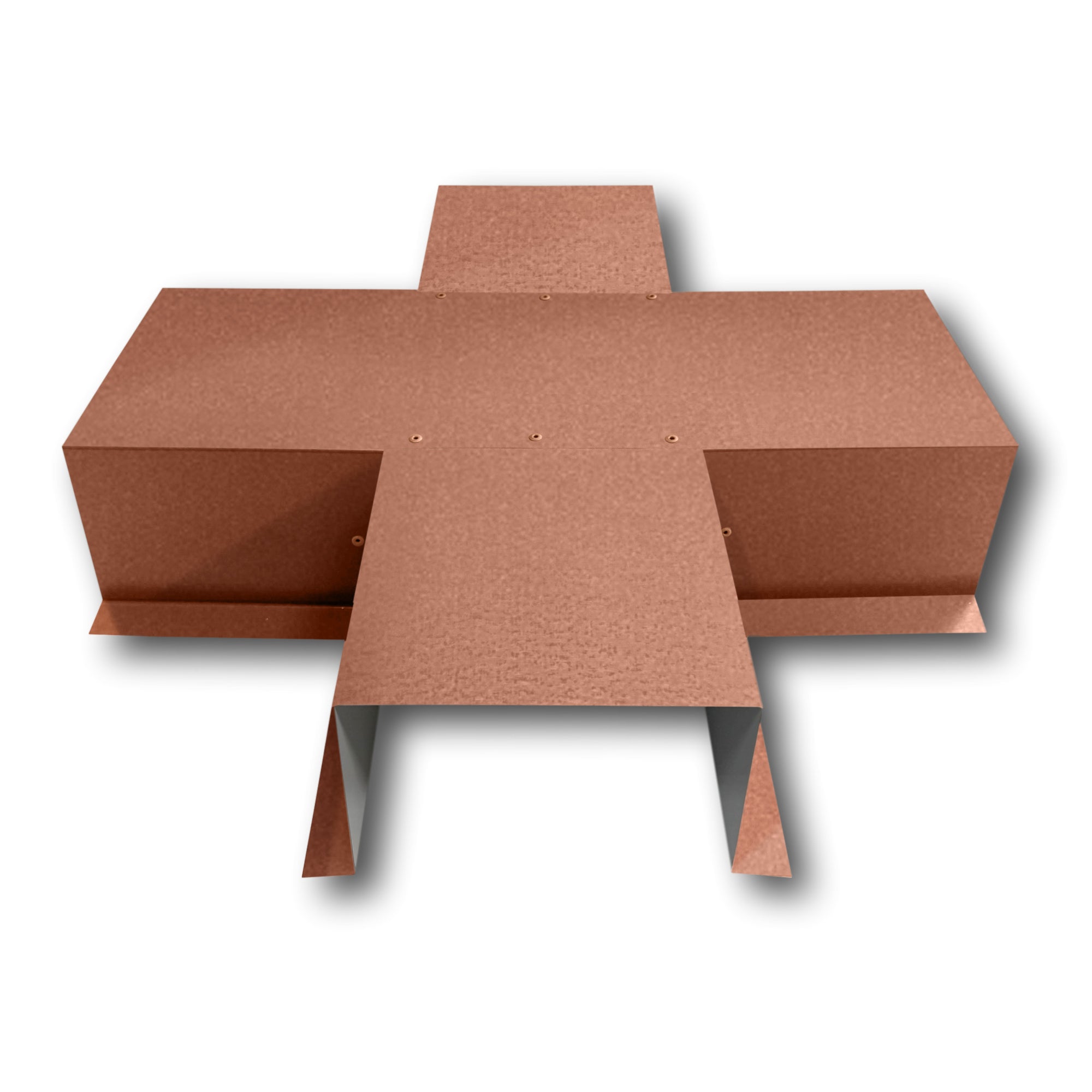 A PermaCover Metal HVAC Line Set Cover 4-Way T-Joint Connector that is made to attach to exterior walls to cover existing HVAC line sets. The elbow cover is made from 24 Gauge Painted Steel and is Copper Penny in color.