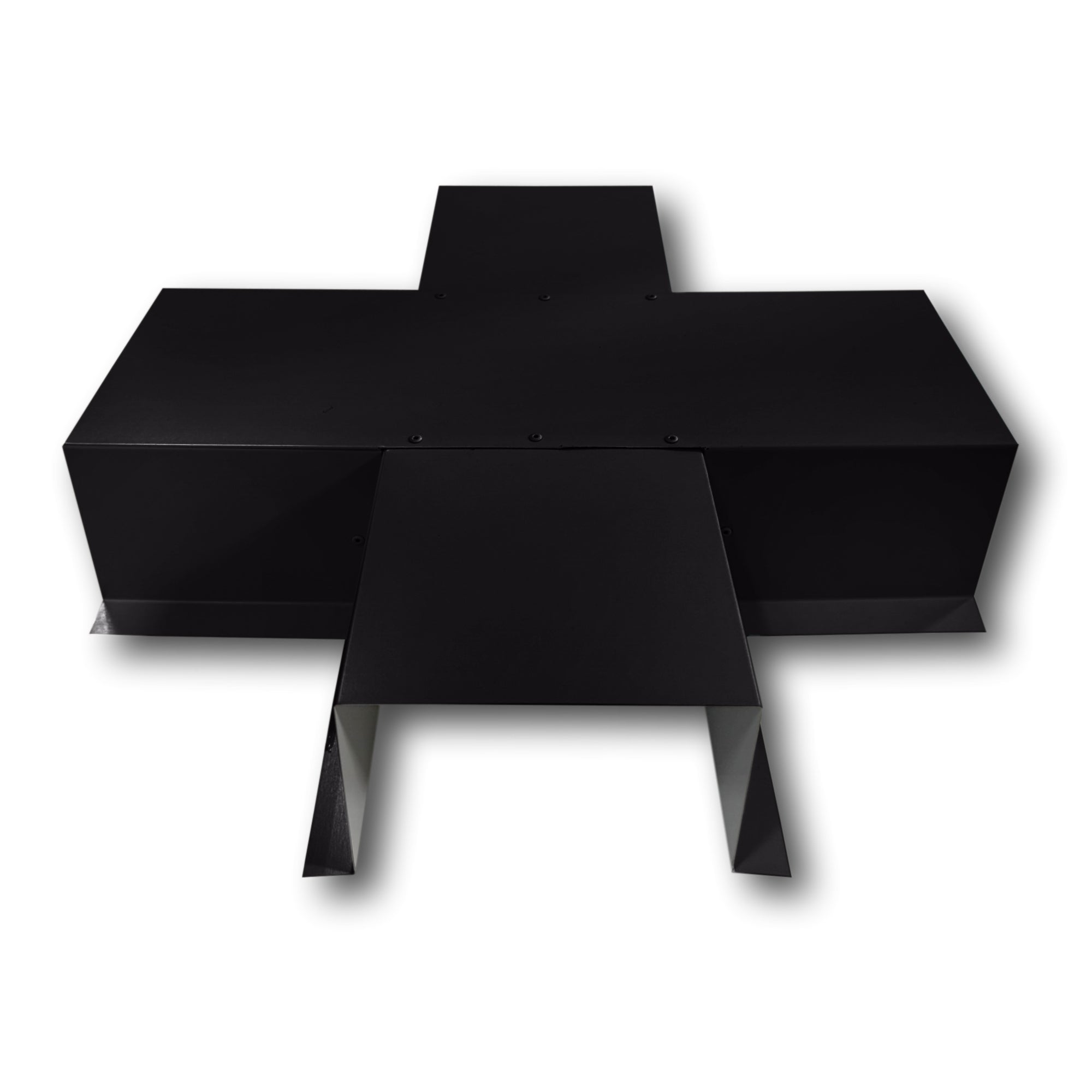 A PermaCover Metal HVAC Line Set Cover 4-Way T-Joint Connector that is made to attach to exterior walls to cover existing HVAC line sets. The elbow cover is made from 24 Gauge Painted Steel and is Deep Black in color.