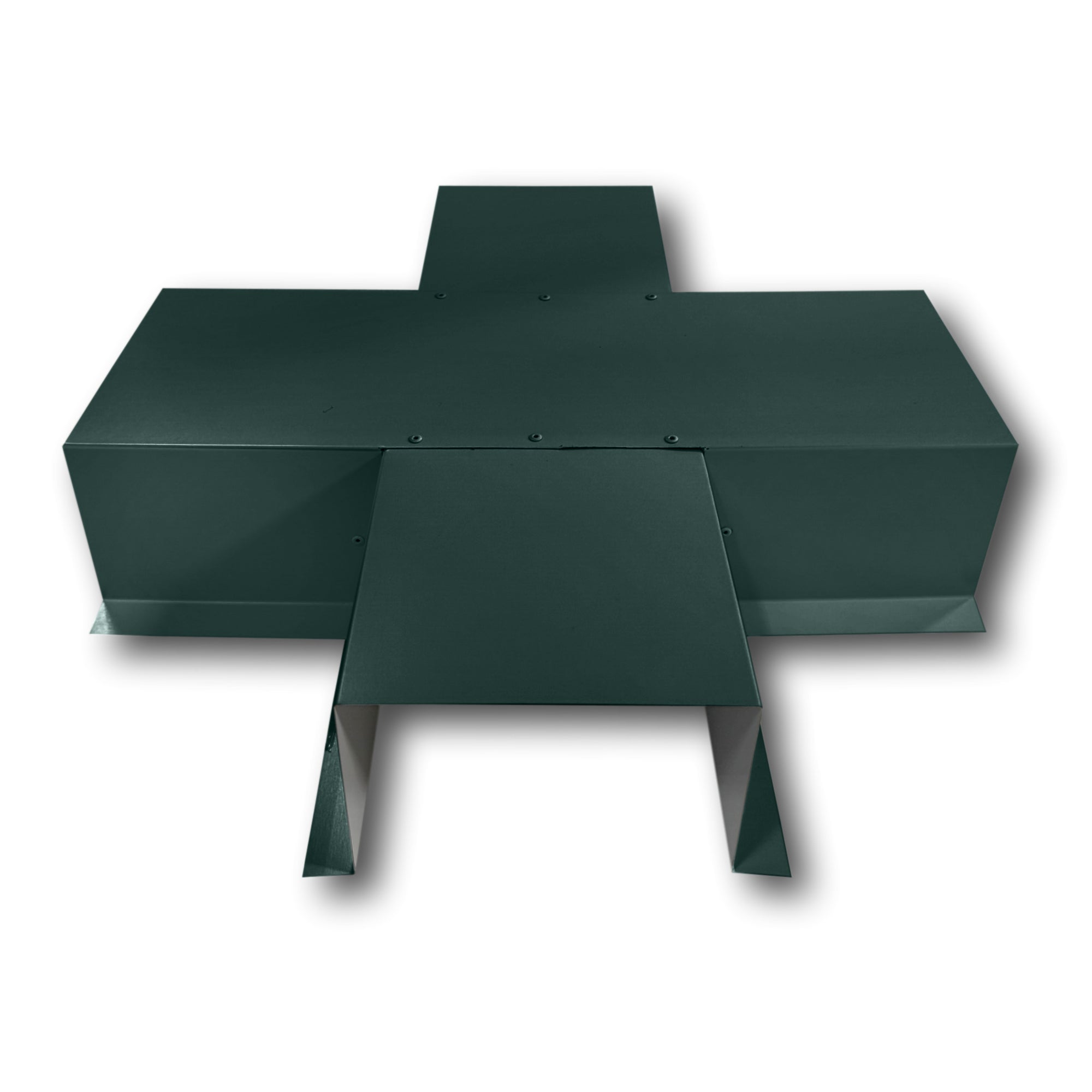 A PermaCover Metal HVAC Line Set Cover 4-Way T-Joint Connector that is made to attach to exterior walls to cover existing HVAC line sets. The elbow cover is made from 24 Gauge Painted Steel and is Hartford Green in color.