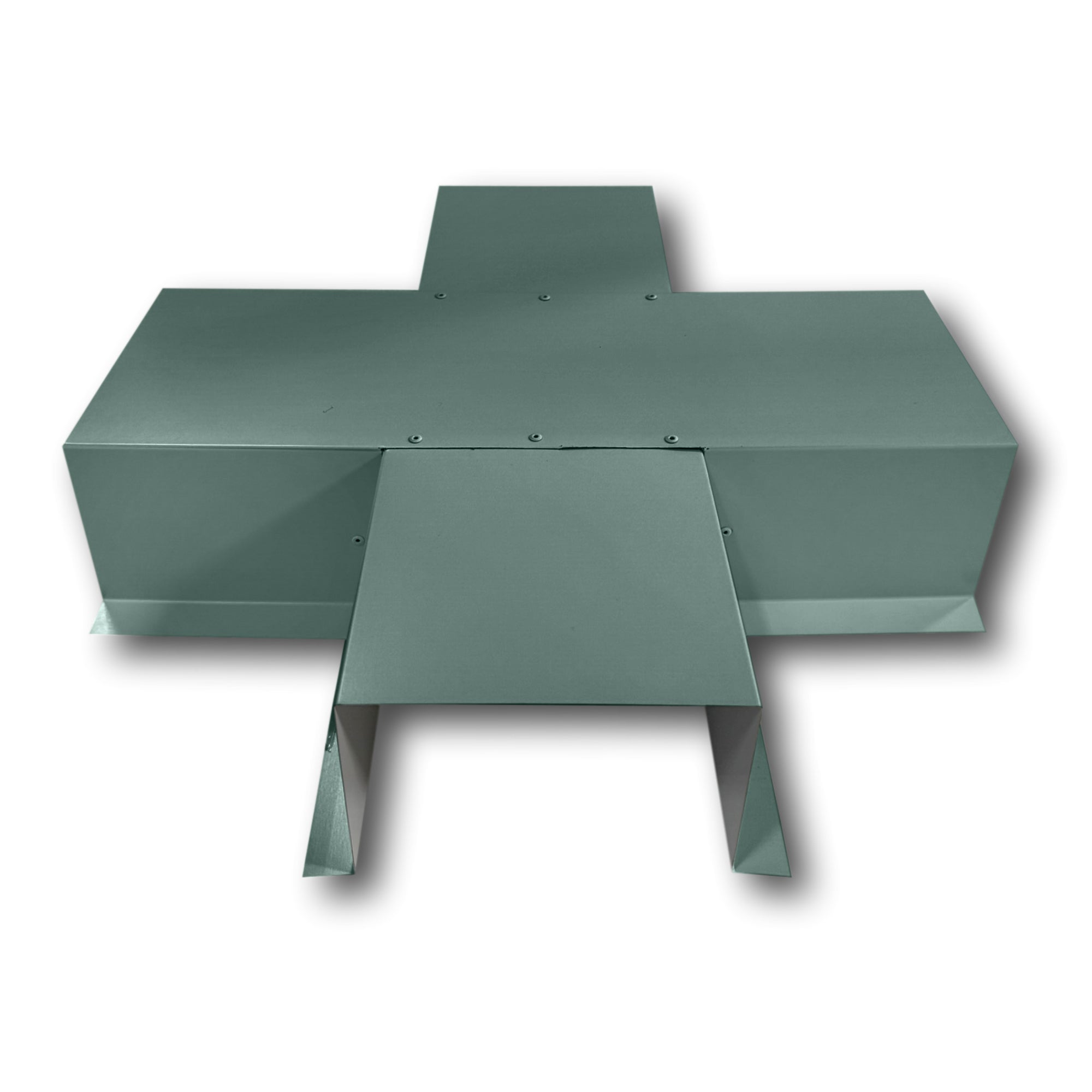 A PermaCover Metal HVAC Line Set Cover 4-Way T-Joint Connector that is made to attach to exterior walls to cover existing HVAC line sets. The elbow cover is made from 24 Gauge Painted Steel and is Hemlock Green in color.