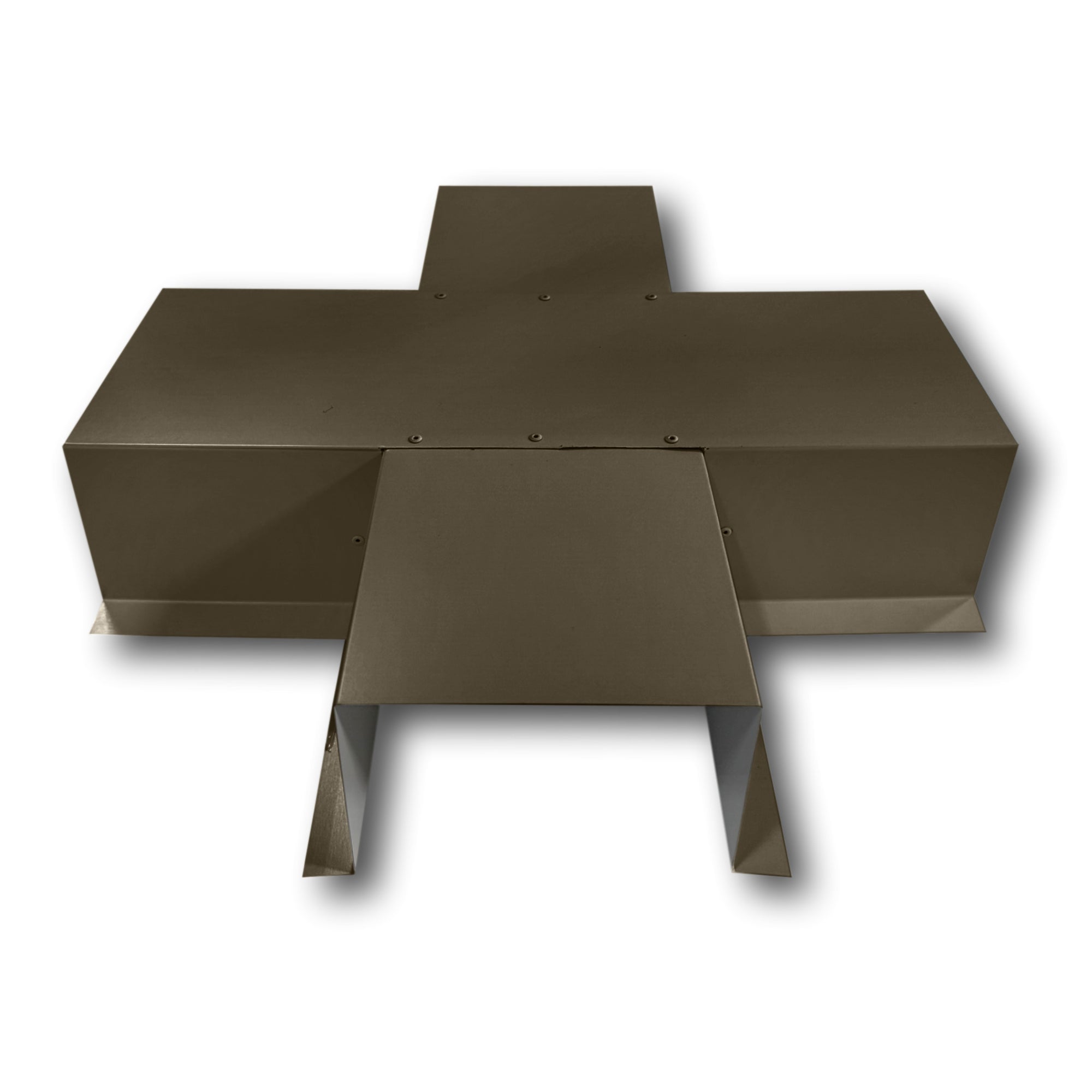 A PermaCover Metal HVAC Line Set Cover 4-Way T-Joint Connector that is made to attach to exterior walls to cover existing HVAC line sets. The elbow cover is made from 24 Gauge Painted Steel and is Medium Bronze in color.