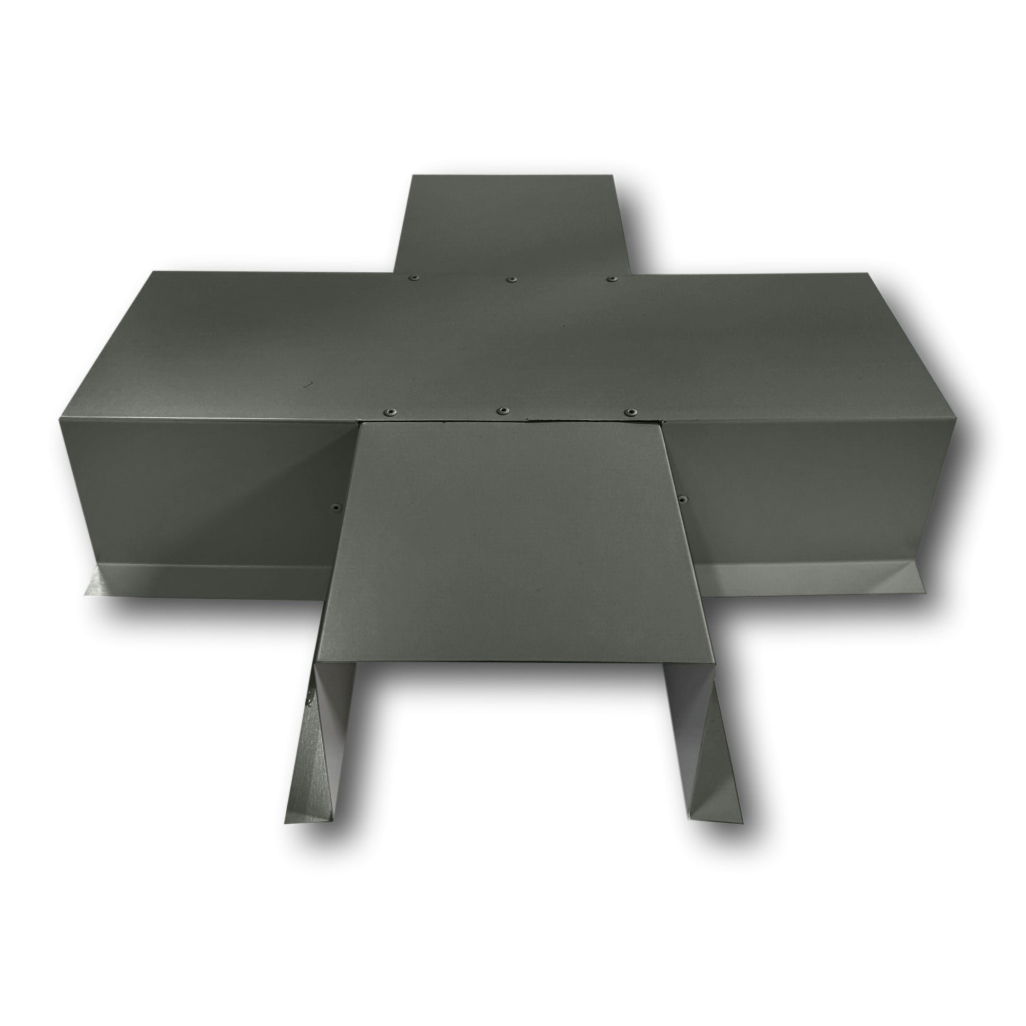 A PermaCover Metal HVAC Line Set Cover 4-Way T-Joint Connector that is made to attach to exterior walls to cover existing HVAC line sets. The elbow cover is made from 24 Gauge Painted Steel and is Musket Gray in color.