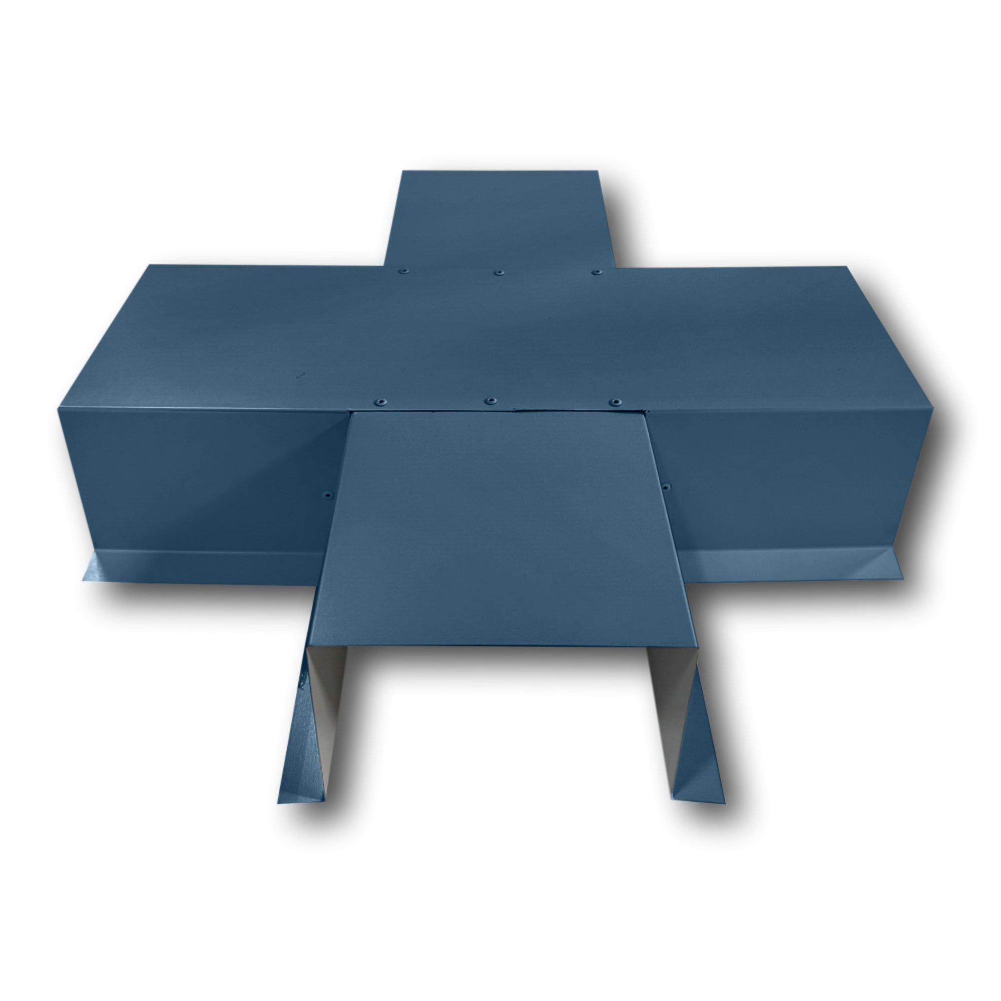 A PermaCover Metal HVAC Line Set Cover 4-Way T-Joint Connector that is made to attach to exterior walls to cover existing HVAC line sets. The elbow cover is made from 24 Gauge Painted Steel and is Royal Blue in color.