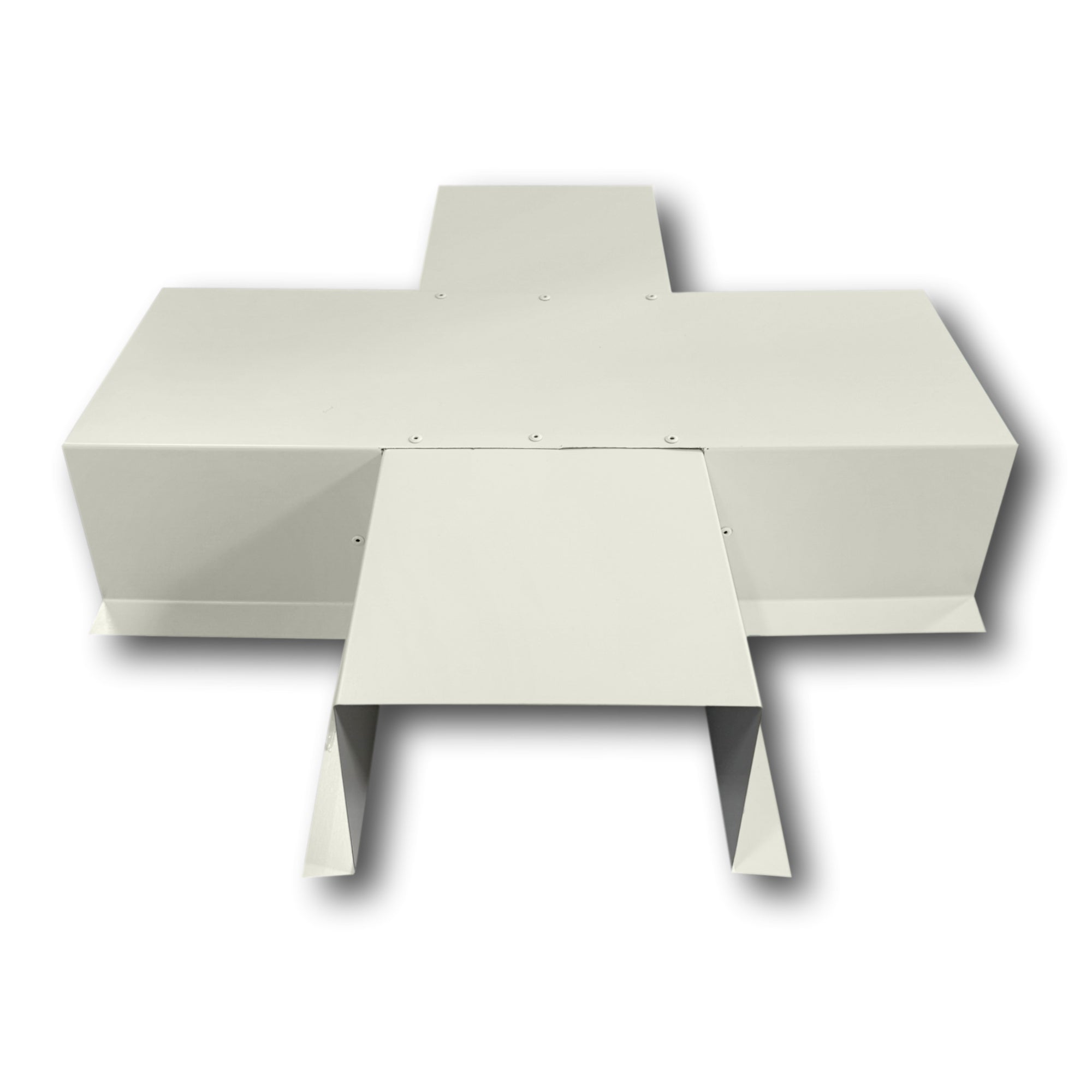 A PermaCover Metal HVAC Line Set Cover 4-Way T-Joint Connector that is made to attach to exterior walls to cover existing HVAC line sets. The elbow cover is made from 24 Gauge Painted Steel and is Sandstone in color.