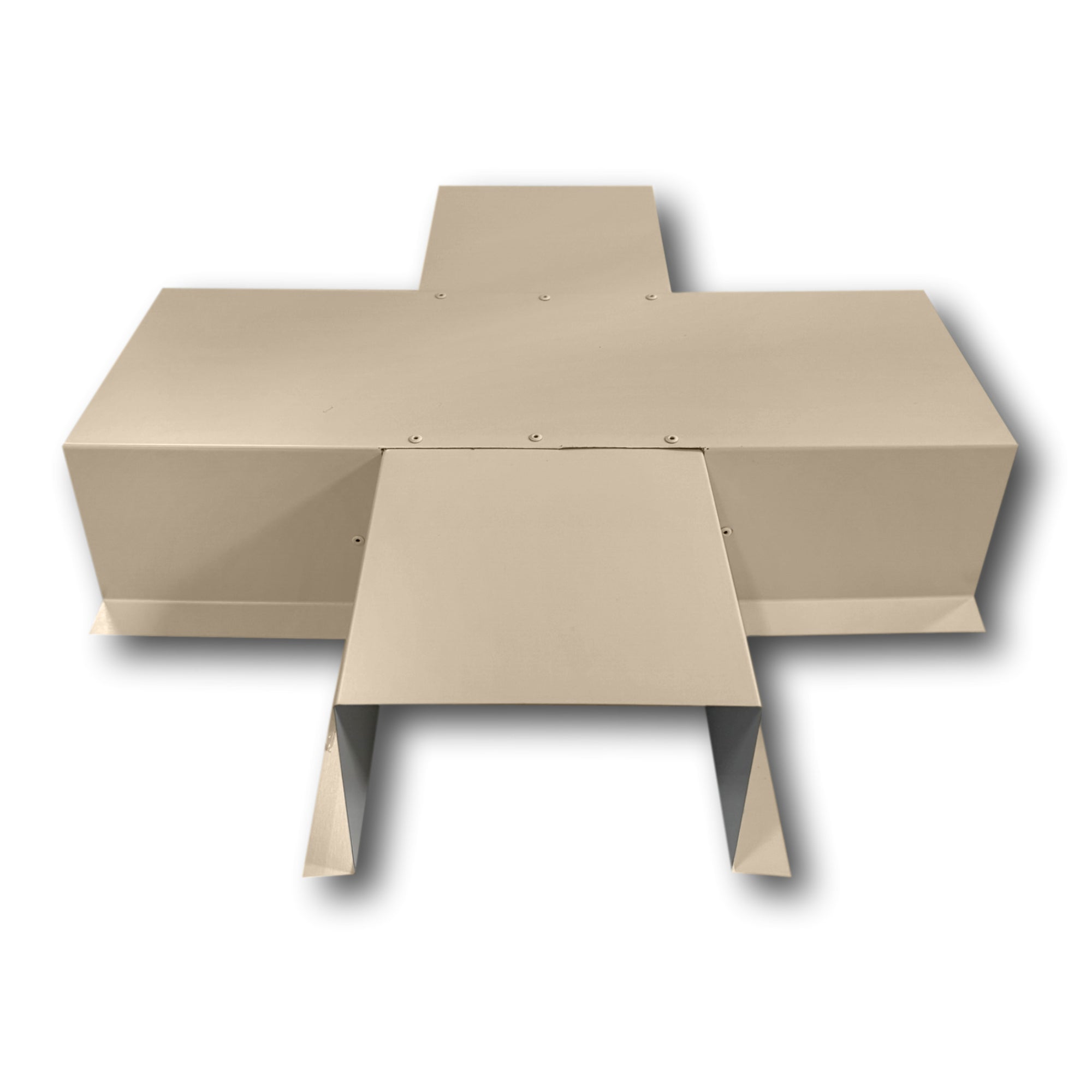 A PermaCover Metal HVAC Line Set Cover 4-Way T-Joint Connector that is made to attach to exterior walls to cover existing HVAC line sets. The elbow cover is made from 24 Gauge Painted Steel and is Sierra Tan in color.