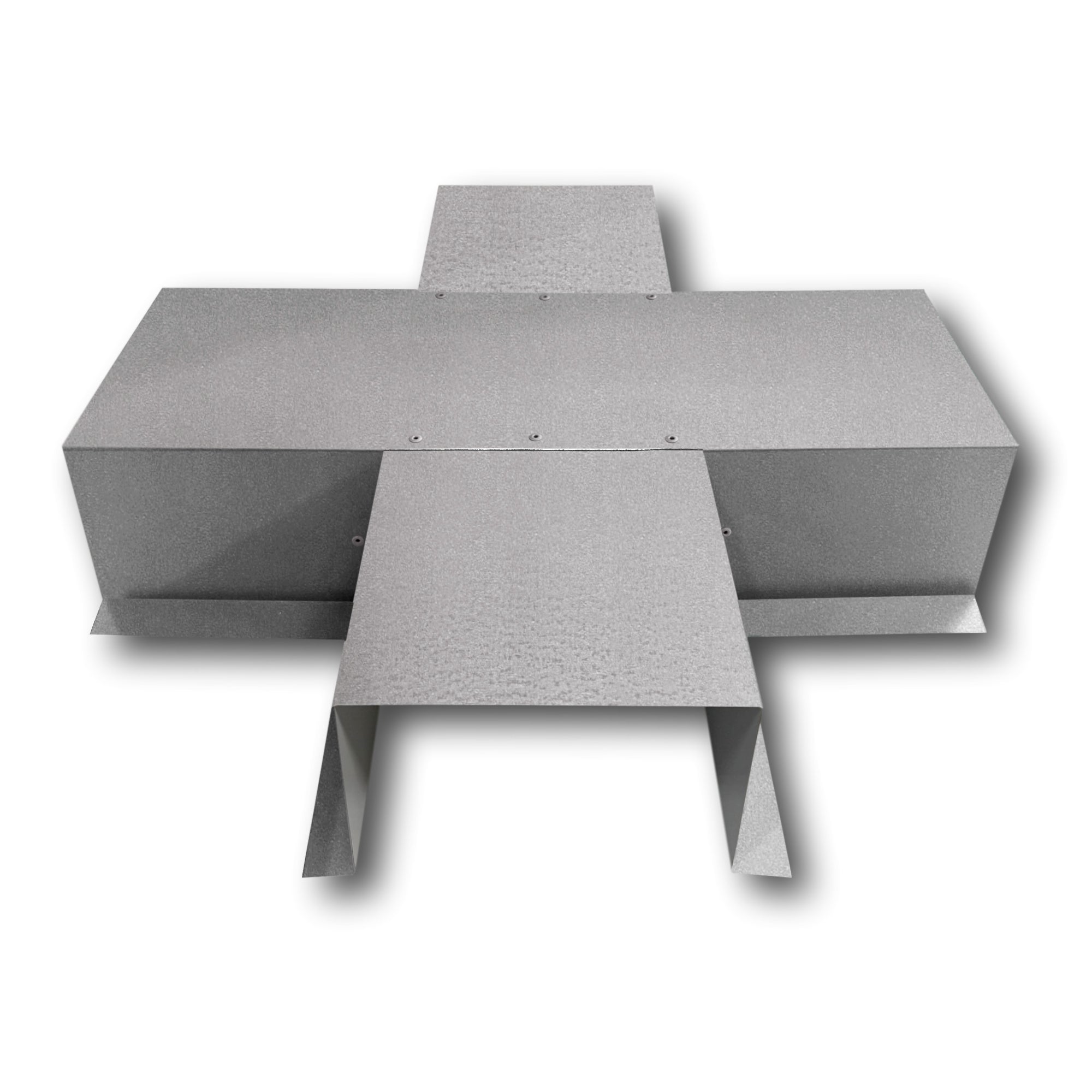 A PermaCover Metal HVAC Line Set Cover 4-Way T-Joint Connector that is made to attach to exterior walls to cover existing HVAC line sets. The elbow cover is made from 24 Gauge Painted Steel and is Silver in color.