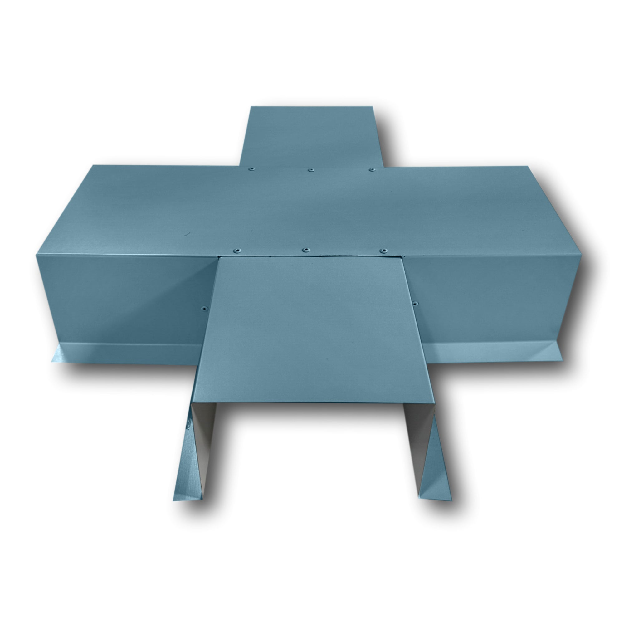 A PermaCover Metal HVAC Line Set Cover 4-Way T-Joint Connector that is made to attach to exterior walls to cover existing HVAC line sets. The elbow cover is made from 24 Gauge Painted Steel and is Slate Blue in color.