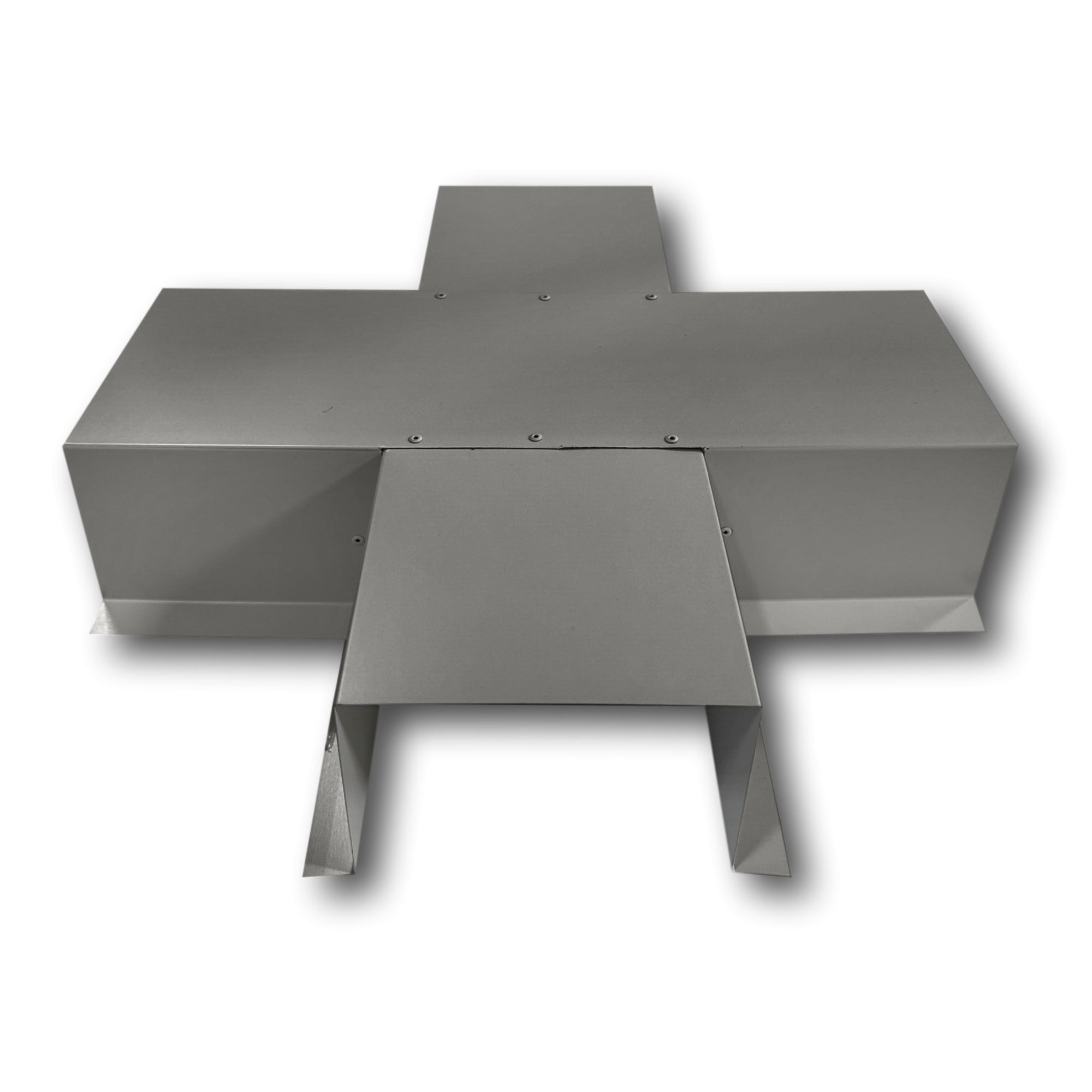 A PermaCover Metal HVAC Line Set Cover 4-Way T-Joint Connector that is made to attach to exterior walls to cover existing HVAC line sets. The elbow cover is made from 24 Gauge Painted Steel and is Slate Gray in color.