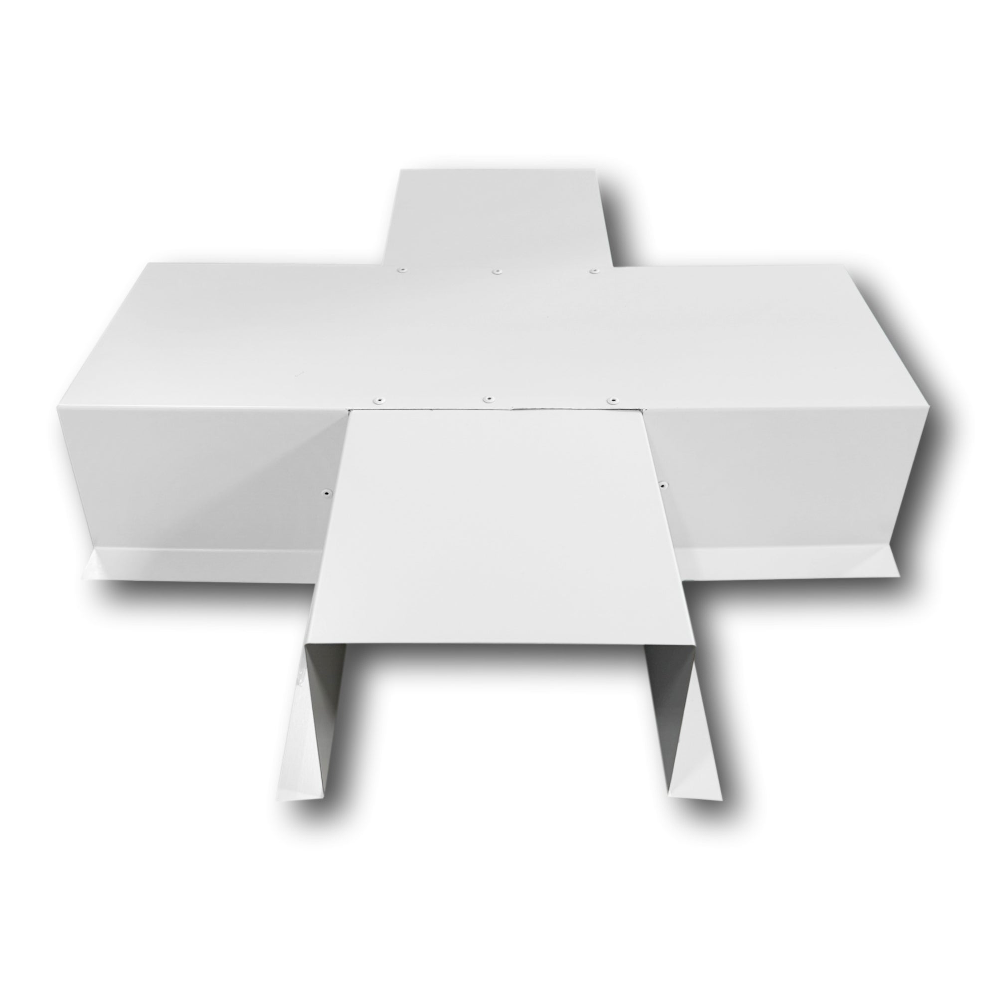 A PermaCover Metal HVAC Line Set Cover 4-Way T-Joint Connector that is made to attach to exterior walls to cover existing HVAC line sets. The elbow cover is made from 24 Gauge Painted Steel and is Stone White in color.