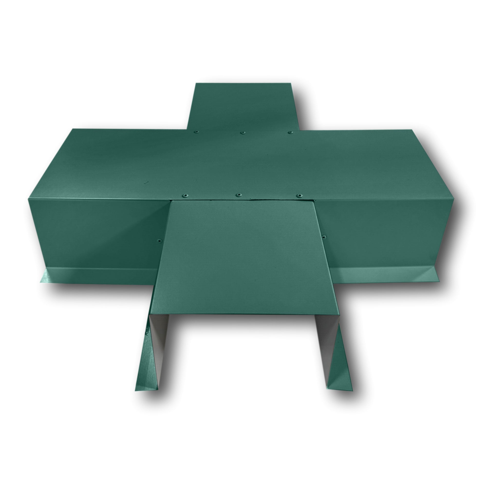 A PermaCover Metal HVAC Line Set Cover 4-Way T-Joint Connector that is made to attach to exterior walls to cover existing HVAC line sets. The elbow cover is made from 24 Gauge Painted Steel and is Teal in color.
