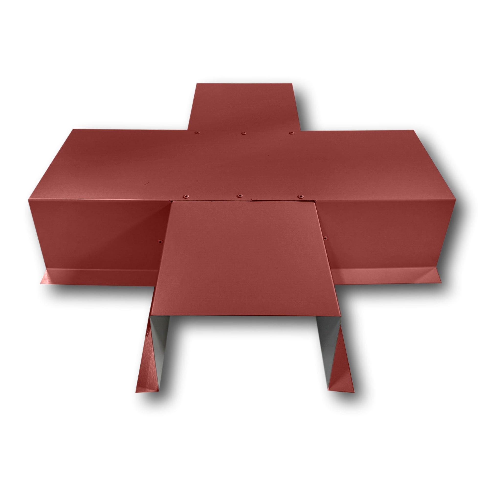 A PermaCover Metal HVAC Line Set Cover 4-Way T-Joint Connector that is made to attach to exterior walls to cover existing HVAC line sets. The elbow cover is made from 24 Gauge Painted Steel and is TerraCotta in color.