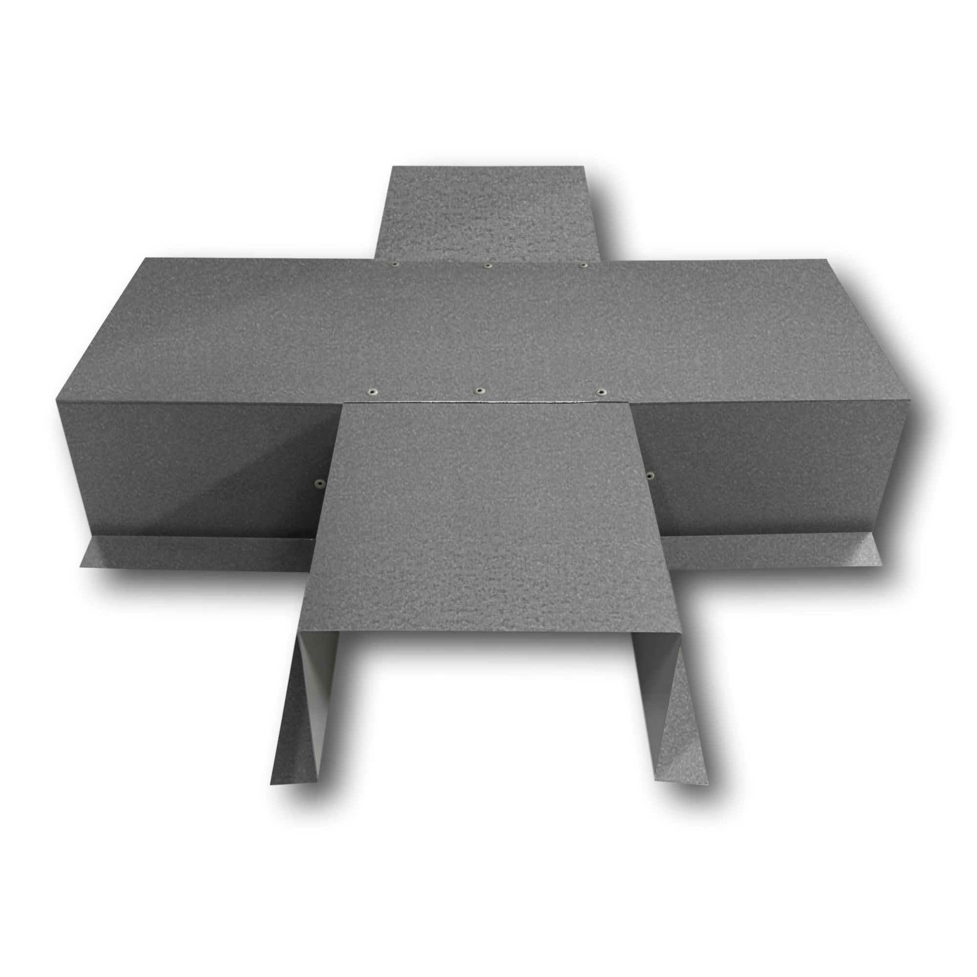 A PermaCover Metal HVAC Line Set Cover 4-Way T-Joint Connector that is made to attach to exterior walls to cover existing HVAC line sets. The elbow cover is made from 24 Gauge Painted Steel and is Weathered Zinc in color.