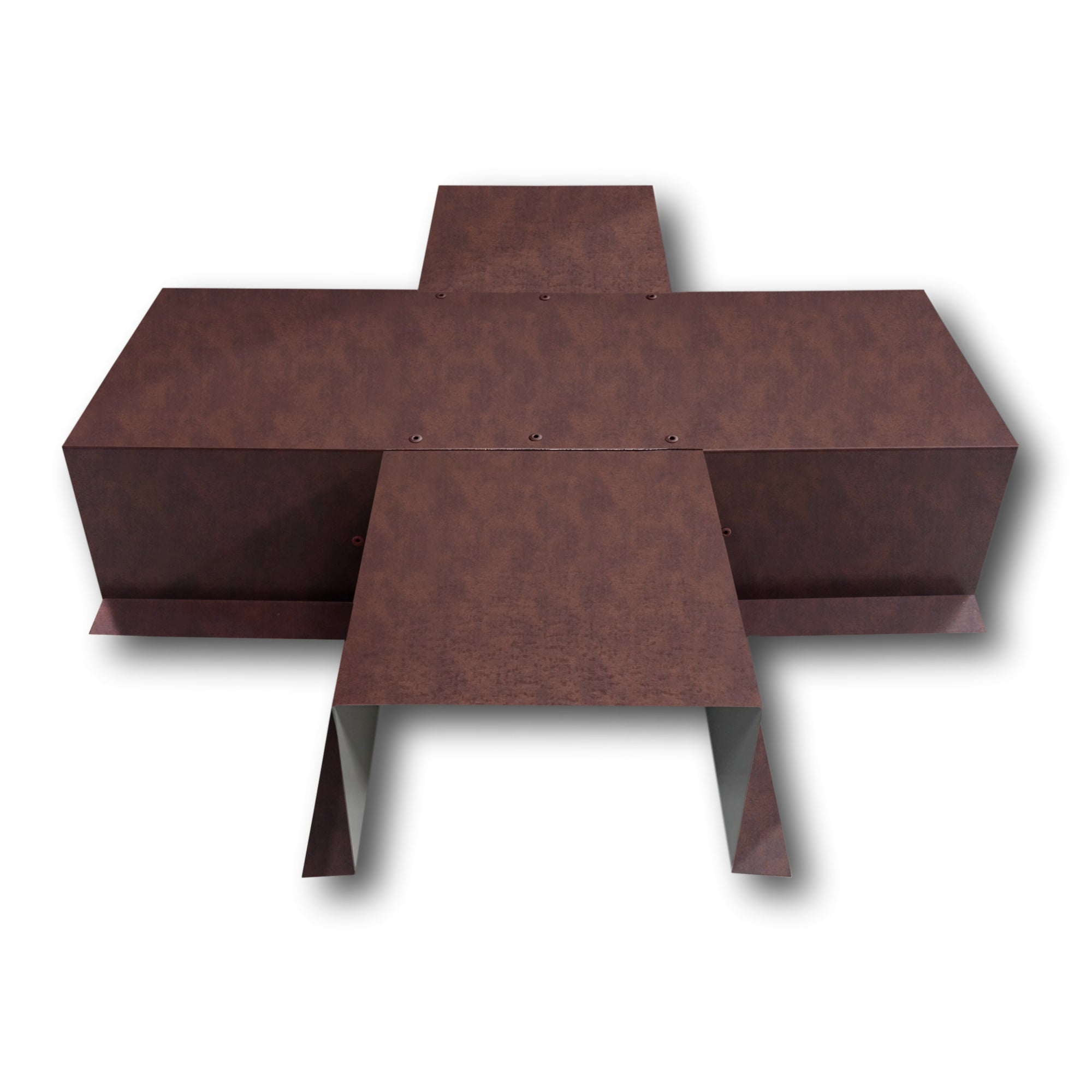 A PermaCover Metal HVAC Line Set Cover 4-Way T-Joint Connector that is made to attach to exterior walls to cover existing HVAC line sets. The elbow cover is made from 24 Gauge Painted Steel and is Western Rust in color.