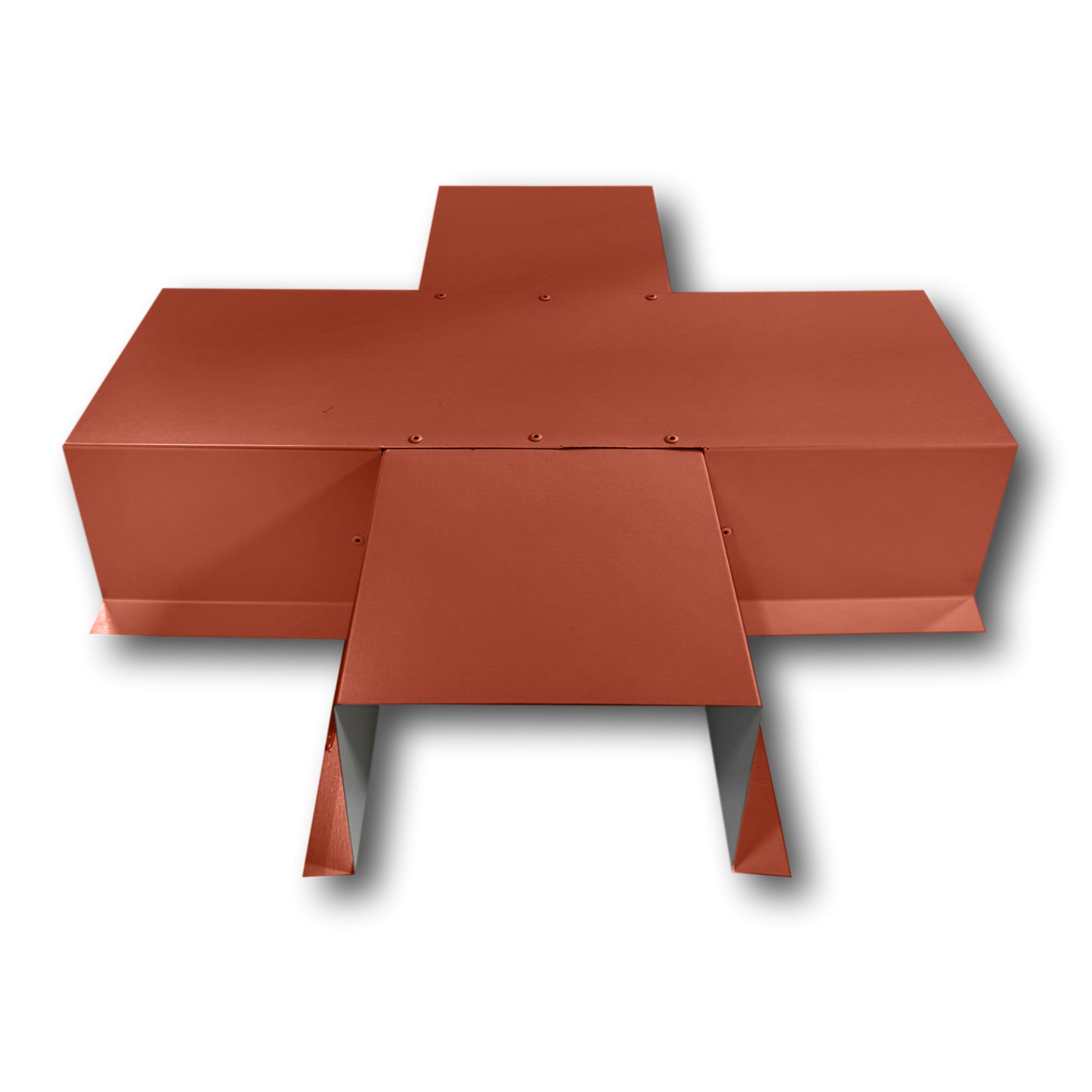A PermaCover Metal HVAC Line Set Cover 4-Way T-Joint Connector that is made to attach to exterior walls to cover existing HVAC line sets. The elbow cover is made from 26 Gauge Painted Steel and is Barn Red in color.