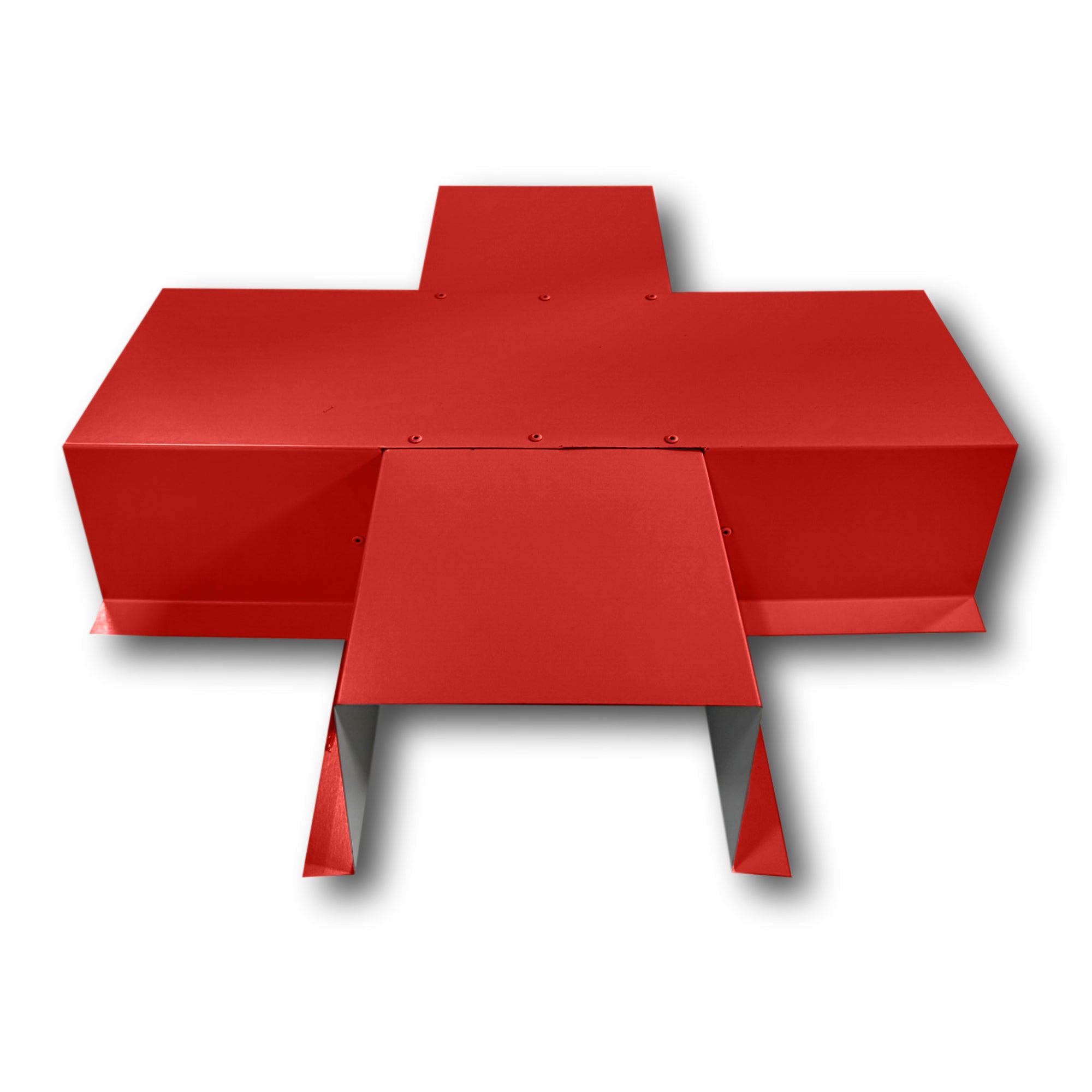 A PermaCover Metal HVAC Line Set Cover 4-Way T-Joint Connector that is made to attach to exterior walls to cover existing HVAC line sets. The elbow cover is made from 26 Gauge Painted Steel and is Bright Red in color.