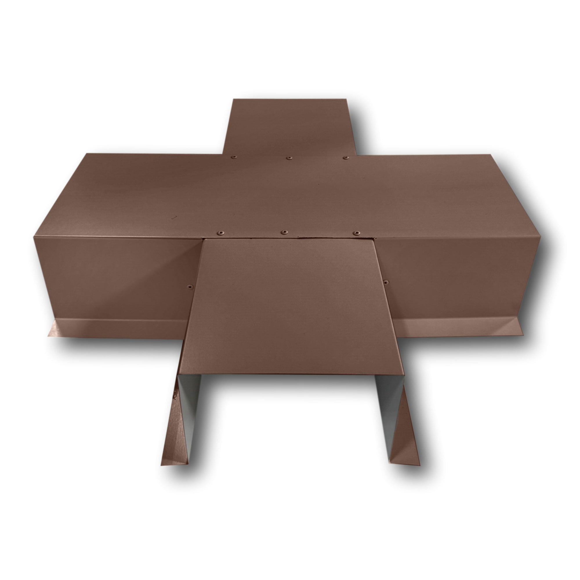 A PermaCover Metal HVAC Line Set Cover 4-Way T-Joint Connector that is made to attach to exterior walls to cover existing HVAC line sets. The elbow cover is made from 26 Gauge Painted Steel and is Brown in color.