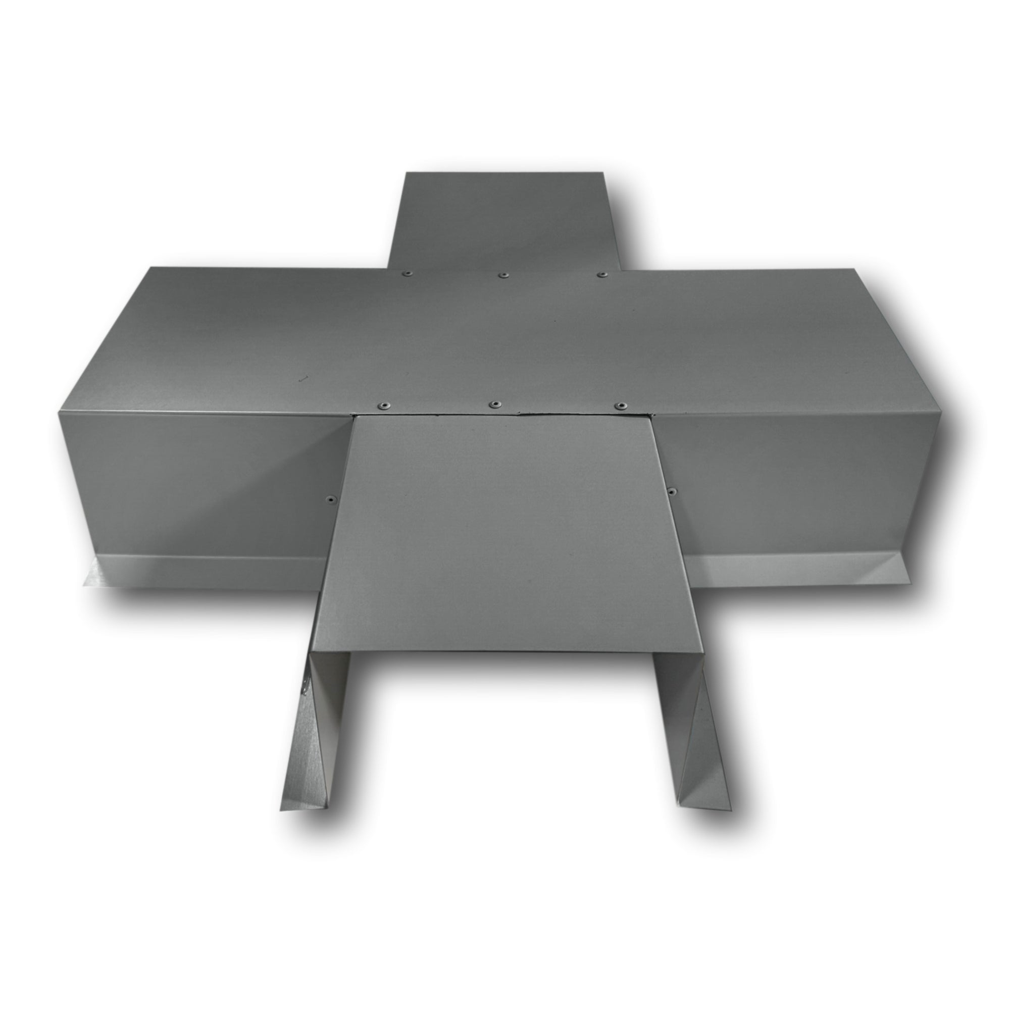 A PermaCover Metal HVAC Line Set Cover 4-Way T-Joint Connector that is made to attach to exterior walls to cover existing HVAC line sets. The elbow cover is made from 26 Gauge Painted Steel and is Charcoal Gray in color.