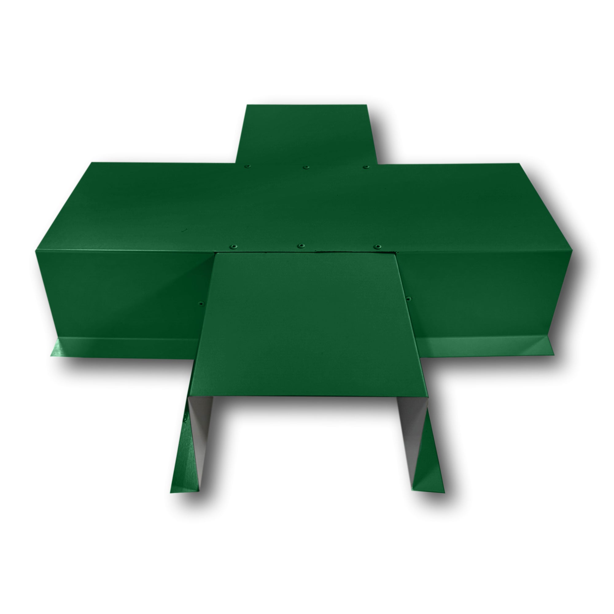 A PermaCover Metal HVAC Line Set Cover 4-Way T-Joint Connector that is made to attach to exterior walls to cover existing HVAC line sets. The elbow cover is made from 26 Gauge Painted Steel and is Forest Green in color.