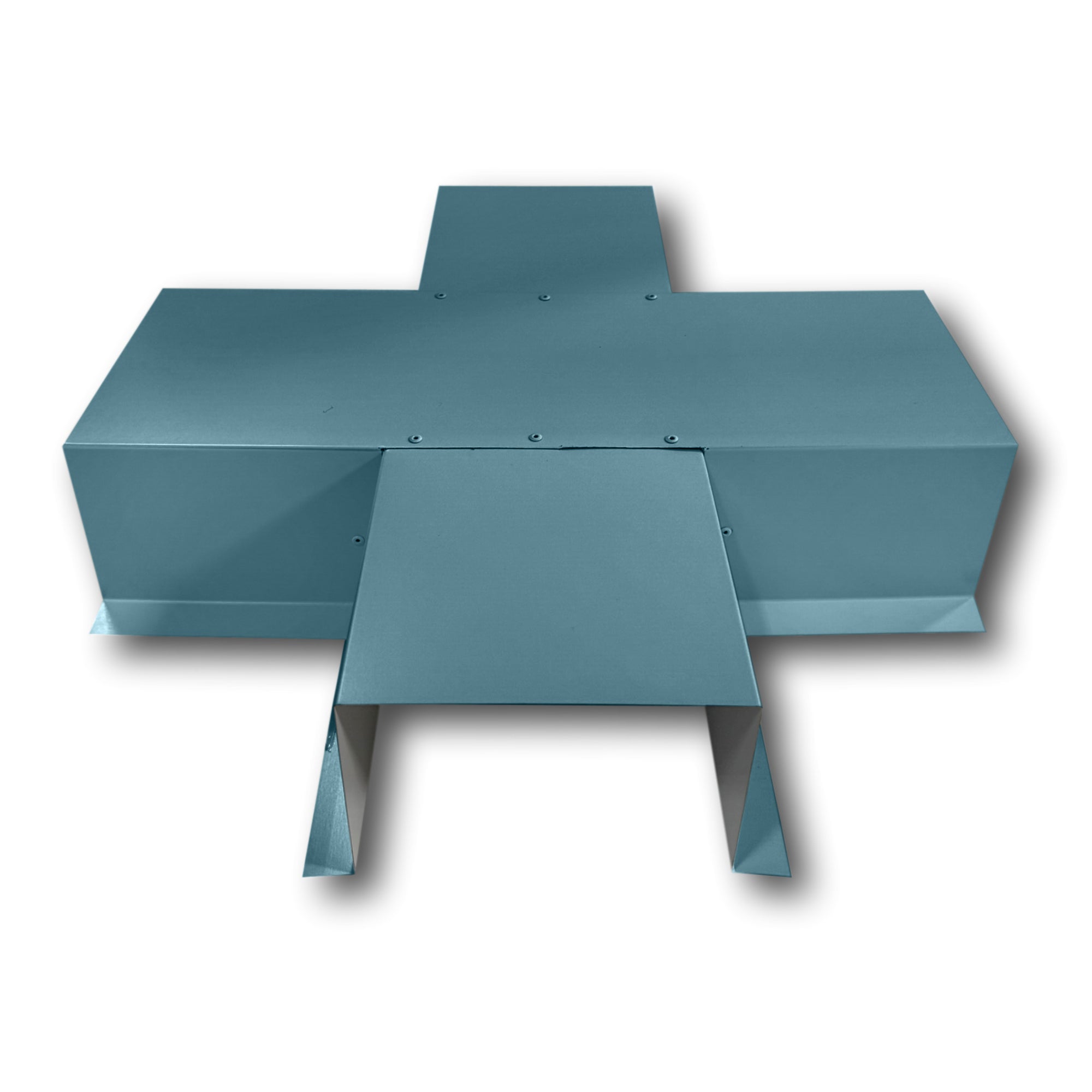 A PermaCover Metal HVAC Line Set Cover 4-Way T-Joint Connector that is made to attach to exterior walls to cover existing HVAC line sets. The elbow cover is made from 26 Gauge Painted Steel and is Hawaiian Blue in color.
