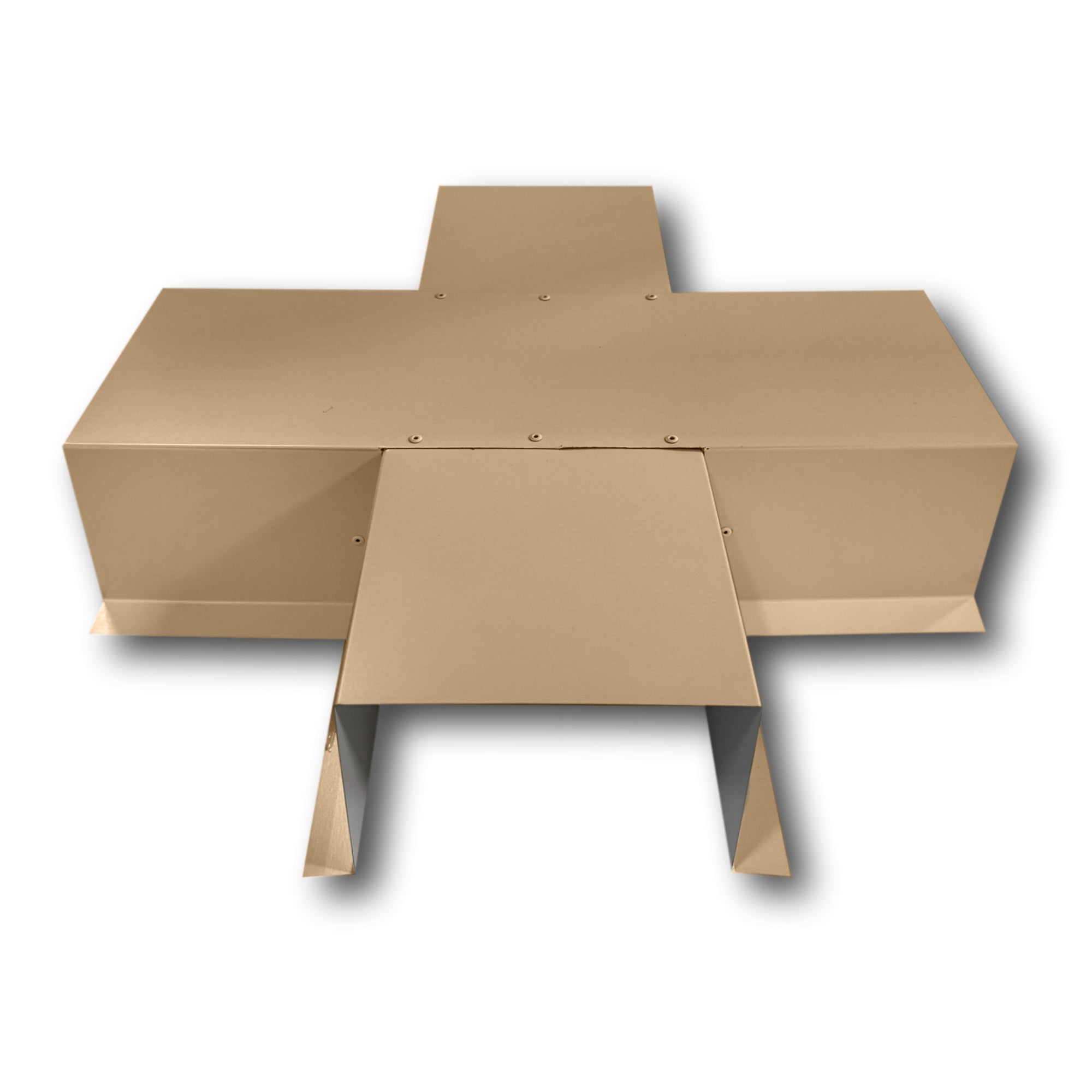 A PermaCover Metal HVAC Line Set Cover 4-Way T-Joint Connector that is made to attach to exterior walls to cover existing HVAC line sets. The elbow cover is made from 26 Gauge Painted Steel and is Sahara Tan in color.
