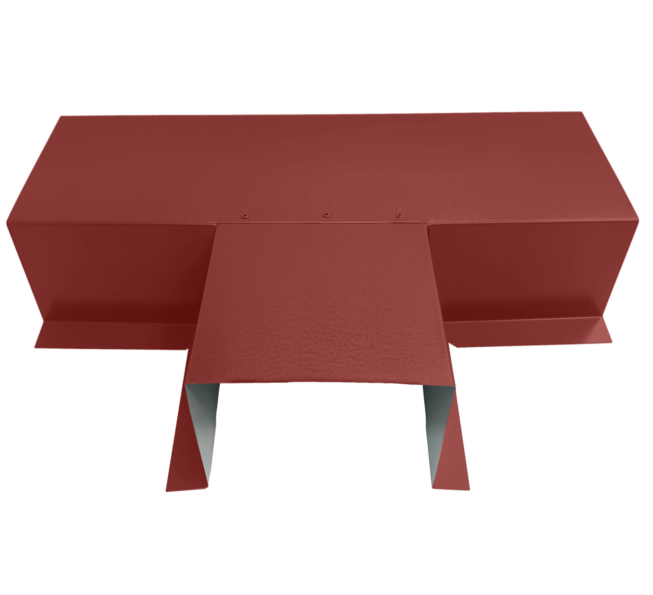 A PermaCover Metal HVAC Line Set Cover T-Joint Connector that is made to attach to exterior walls to cover existing HVAC line sets. The elbow cover is TerraCotta in color.