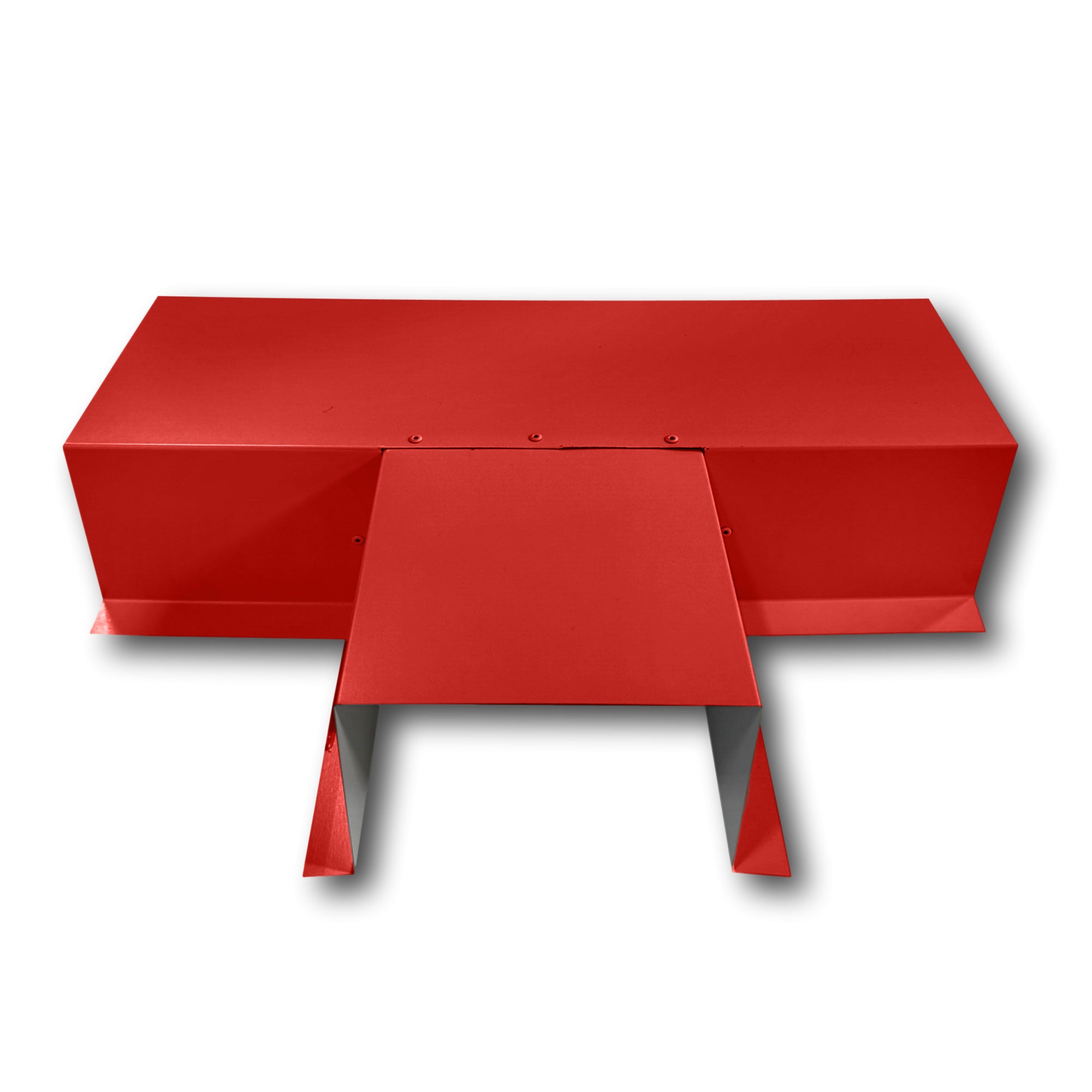 A PermaCover Metal HVAC Line Set Cover T-Joint Connector that is made to attach to exterior walls to cover existing HVAC line sets. The elbow cover is made from 26 Gauge Painted Steel and is Bright Red in Color.