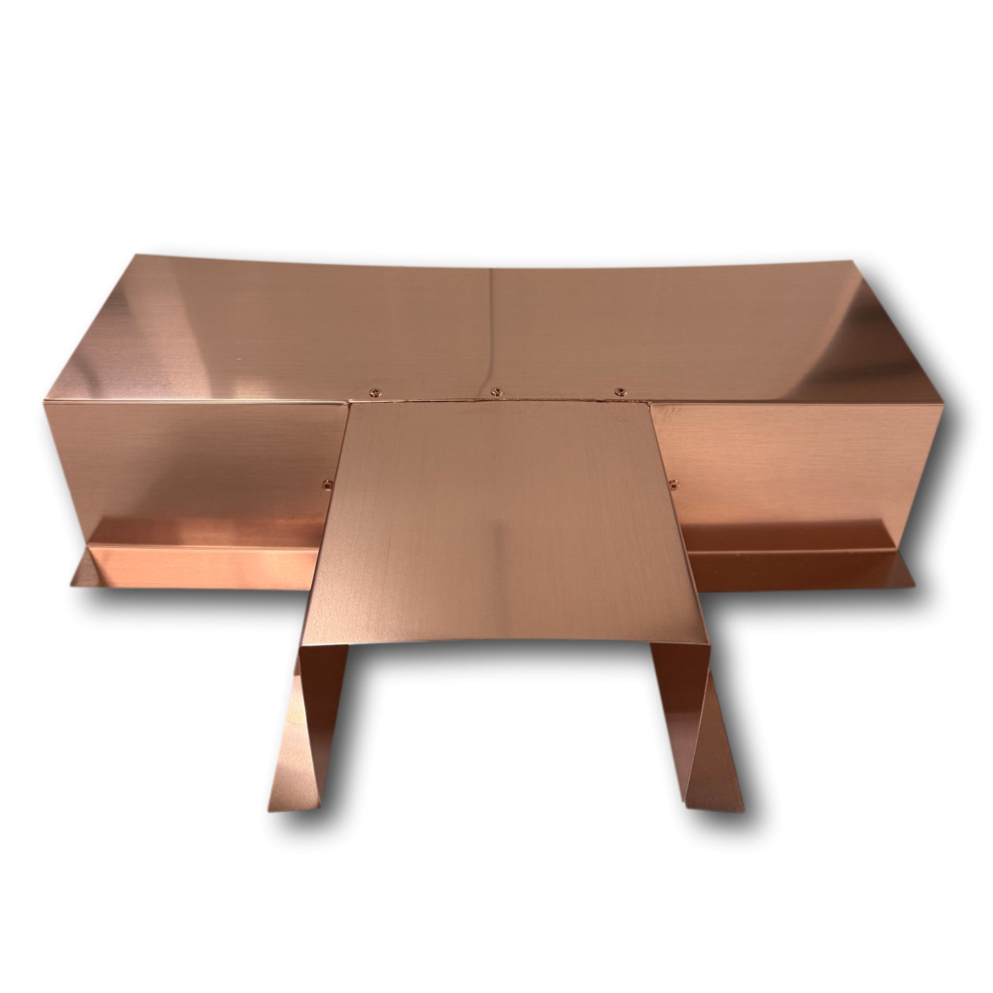 A PermaCover Metal HVAC Line Set Cover T-Joint Connector that is made to attach to exterior walls to cover existing HVAC line sets. The elbow cover is made from 16 Ounce Copper.