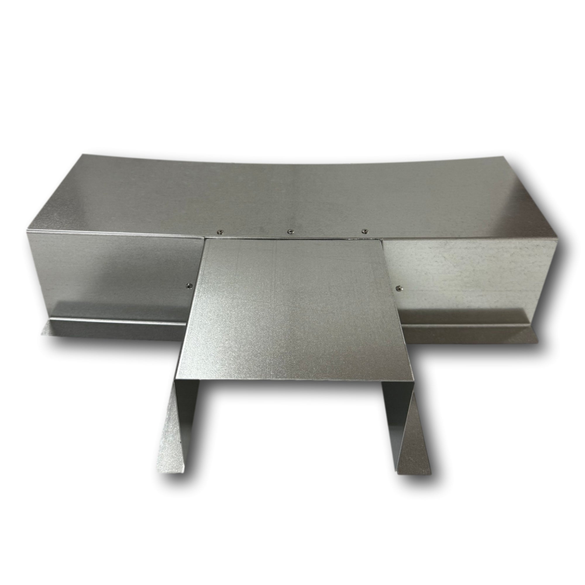 A PermaCover Metal HVAC Line Set Cover T-Joint Connector that is made to attach to exterior walls to cover existing HVAC line sets. The elbow cover is made from 26 Gauge Galvanized Steel.