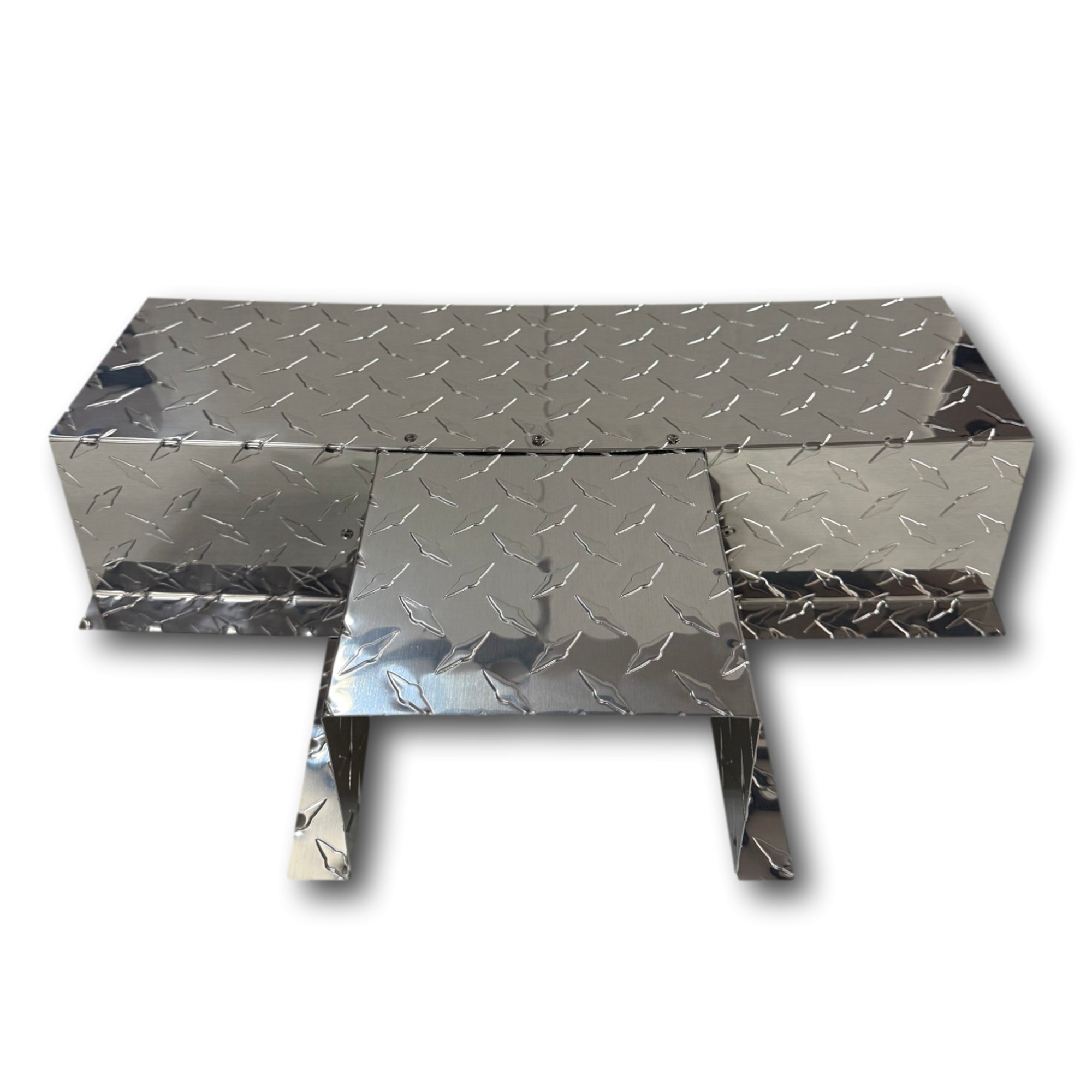 A PermaCover Metal HVAC Line Set Cover T-Joint Connector that is made to attach to exterior walls to cover existing HVAC line sets. The elbow cover is made from 0.025" Aluminum Diamond Plate that is Silver in color.