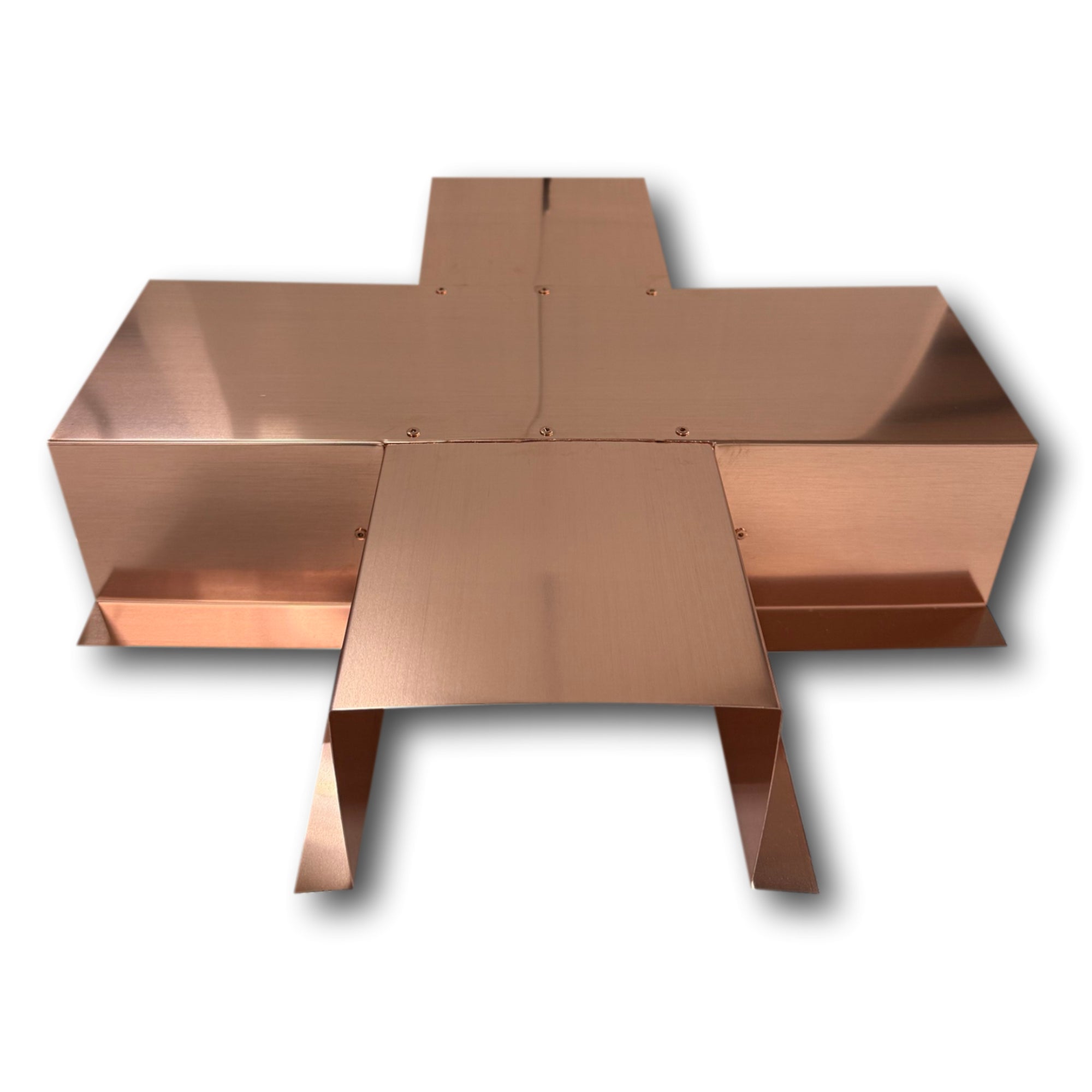 A PermaCover Metal HVAC Line Set Cover 4-Way T-Joint Connector that is made to attach to exterior walls to cover existing HVAC line sets. The elbow cover is made from 20 Ounce Copper.