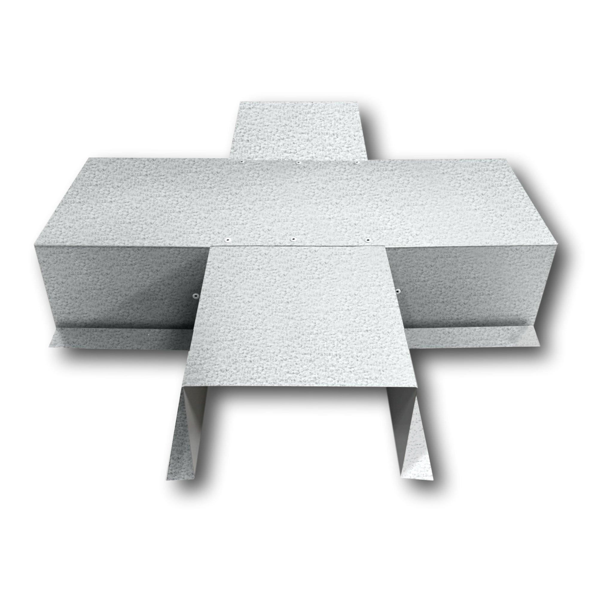 A PermaCover Metal HVAC Line Set Cover 4-Way T-Joint Connector that is made to attach to exterior walls to cover existing HVAC line sets. The elbow cover is made from 26 Gauge Galvalume Steel.